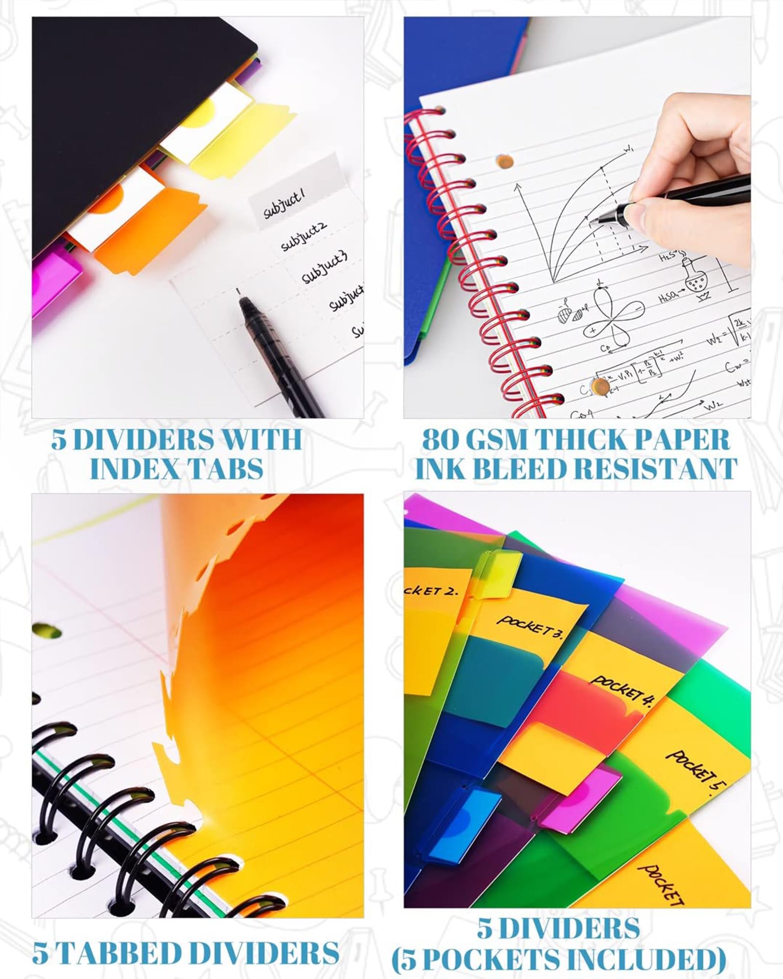 Carnet 5 sujets – Carnet à spirales, carnet ligné avec poche de séparateurs, onglets, règle de 27,9 cm, 300 pages, pour journal d'écriture, maison et bureau, fournitures scolaires, 21,6 x 27,9