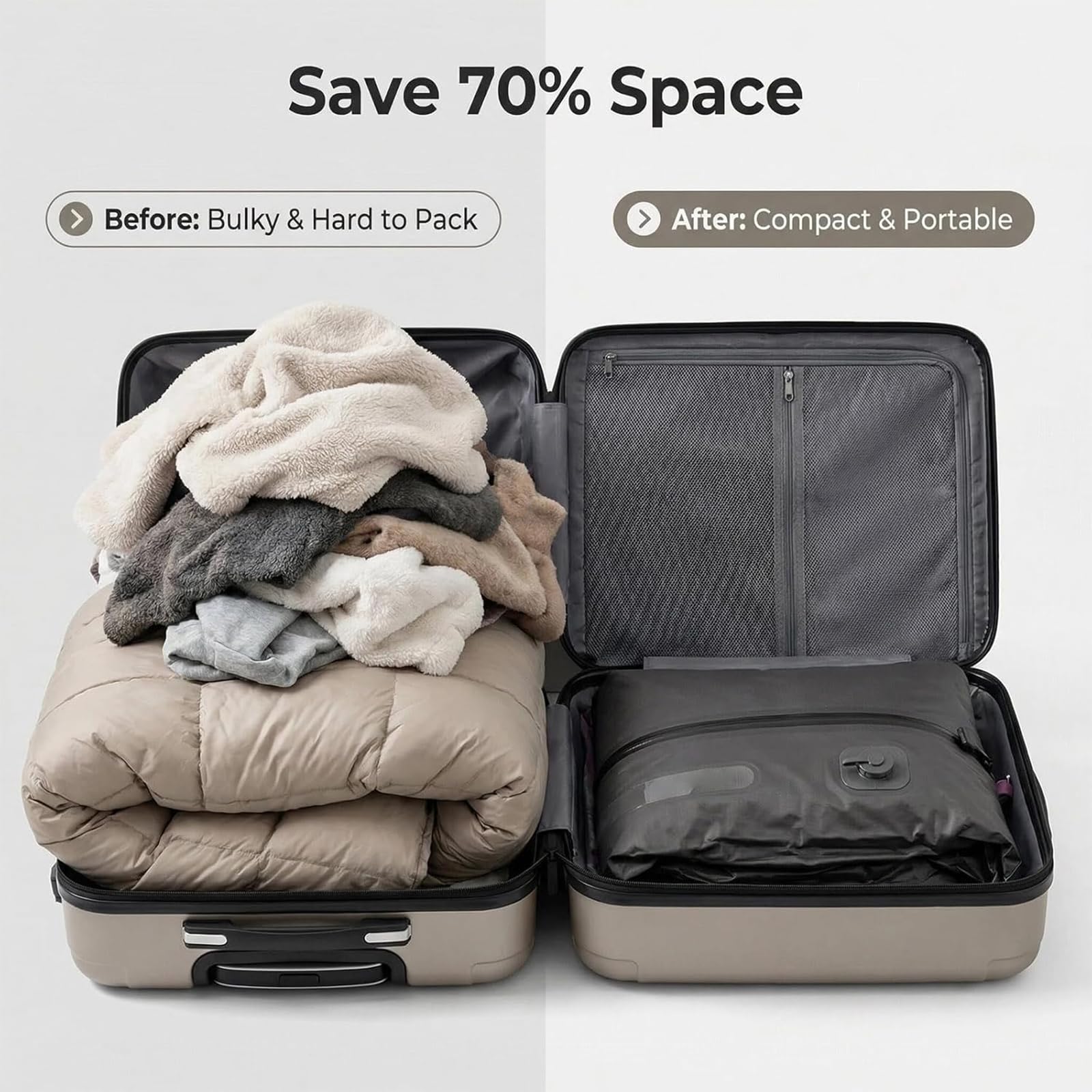 Bolsas De Compresión Al Vacío Un Solo Toque, Sin Bomba | impermeable, Ahorrador de espacio, Recargable por USB-C, bolsas de almacenamiento para viajes, Maleta de mano y mochila