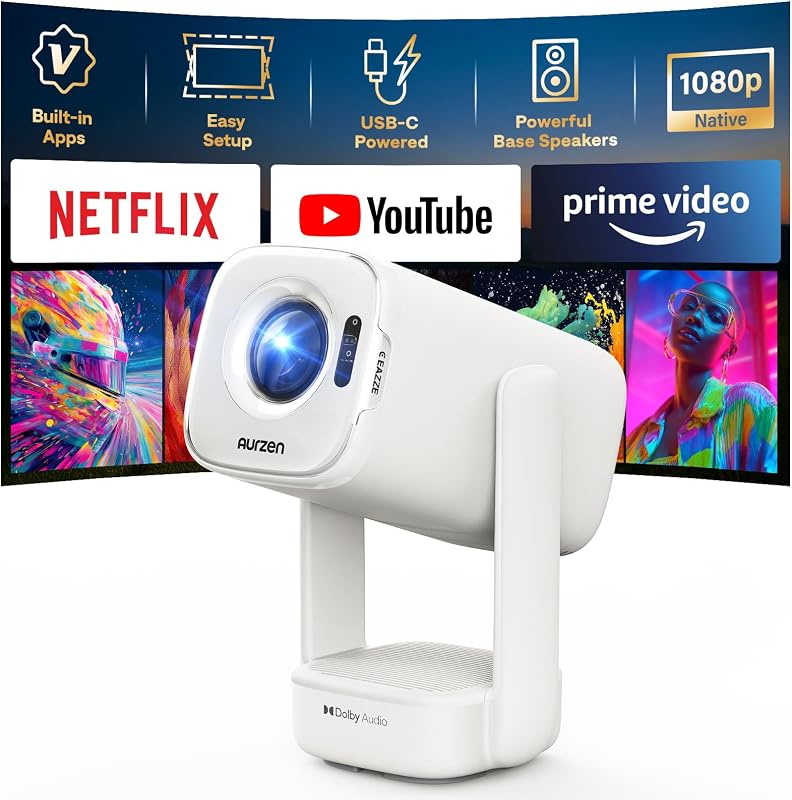 EAZZE D1 air Smart Portable Projector, USB-C Powered, Native 1080P | Built-in Apps, HDR10, WiFi & Bluetooth, Auto Focus & Keystone, Power Bank Supported, DoIby Audio Outdoor Movie Projector