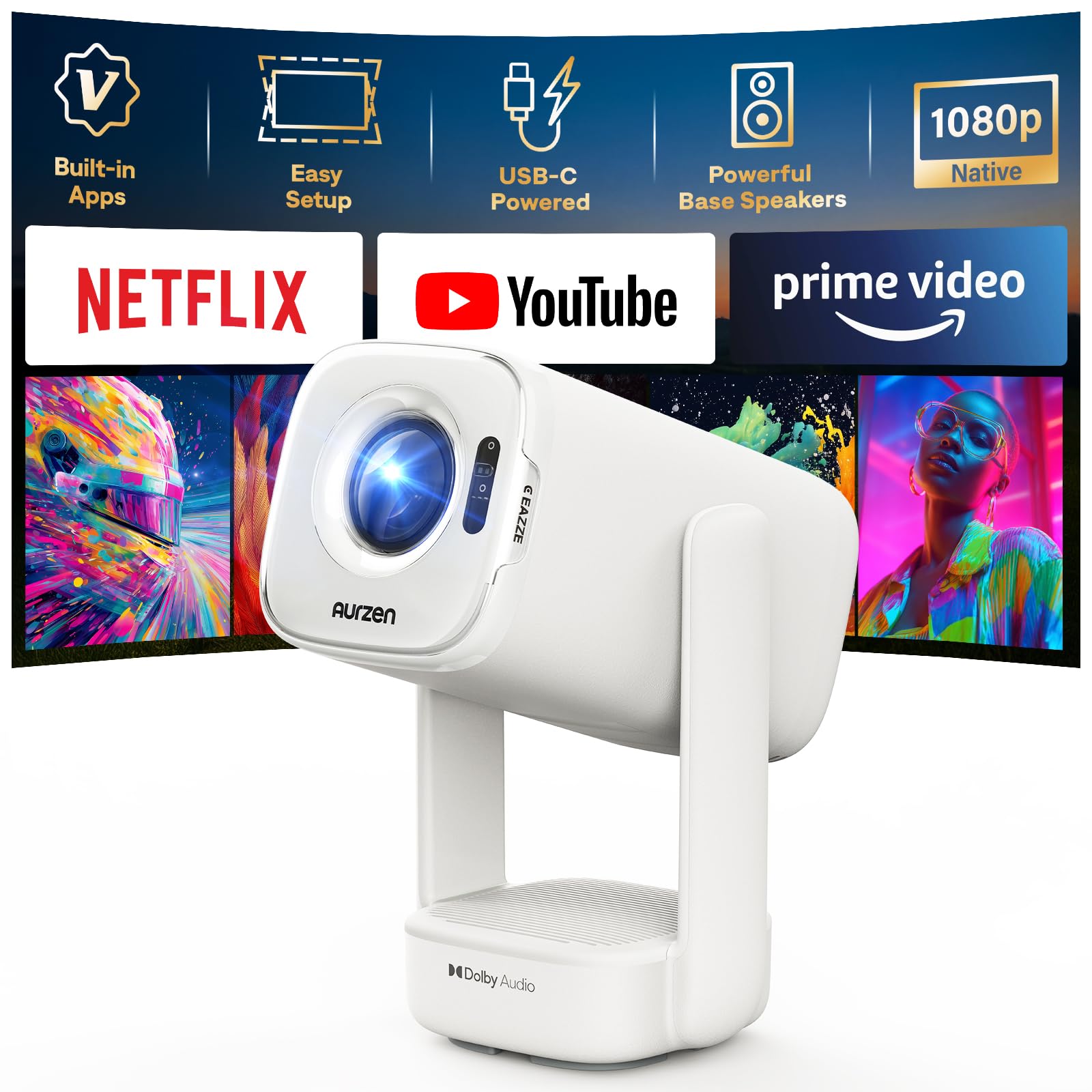 Photo 1 of Aurzen D1 air Smart Portable Projector with WiFi and Bluetooth, USB-C Powered, Easy Auto Setup, 16W Dolby Audio, Built-in Apps, Native 1080P HDR10, Outdoor Movie Projector, White