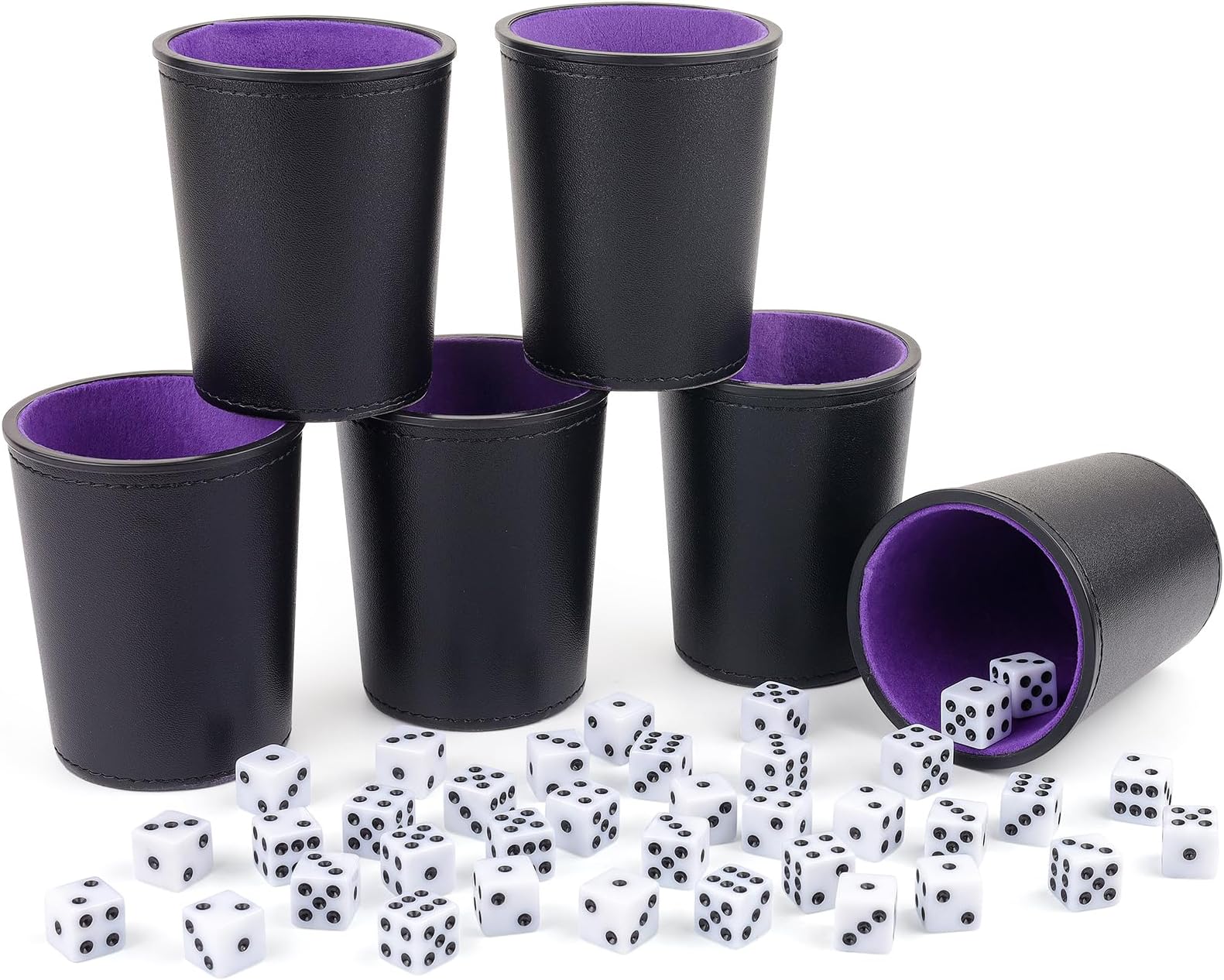 Black PU Leather Dice Cup with Purple Felt Lining Sets, Includes 6 Dice Shakers and 36 White Dice for Yahtzee Farkle Dice Game