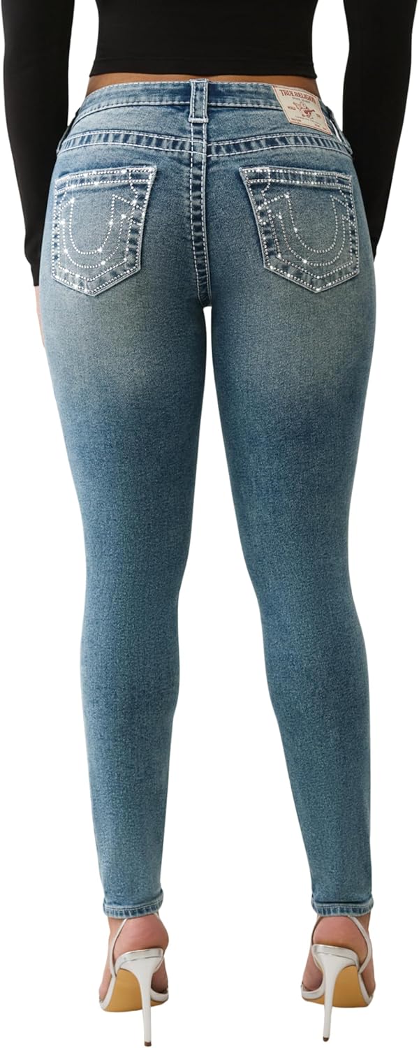 True Religion Crystal Jennie Big T Mid Rise Skinny Women Jeans | Flap Pockets & Premium Denim for Women