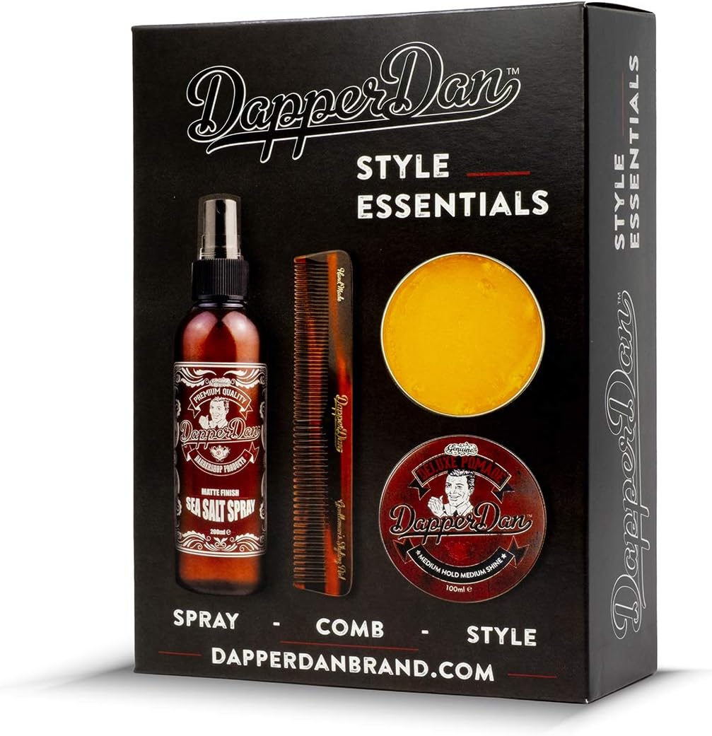 Dapper DanStyle Essentials Gift Pack, with Deluxe Pomade 100ml, Sea Salt Spray 200ml and Hand Made Styling Comb
