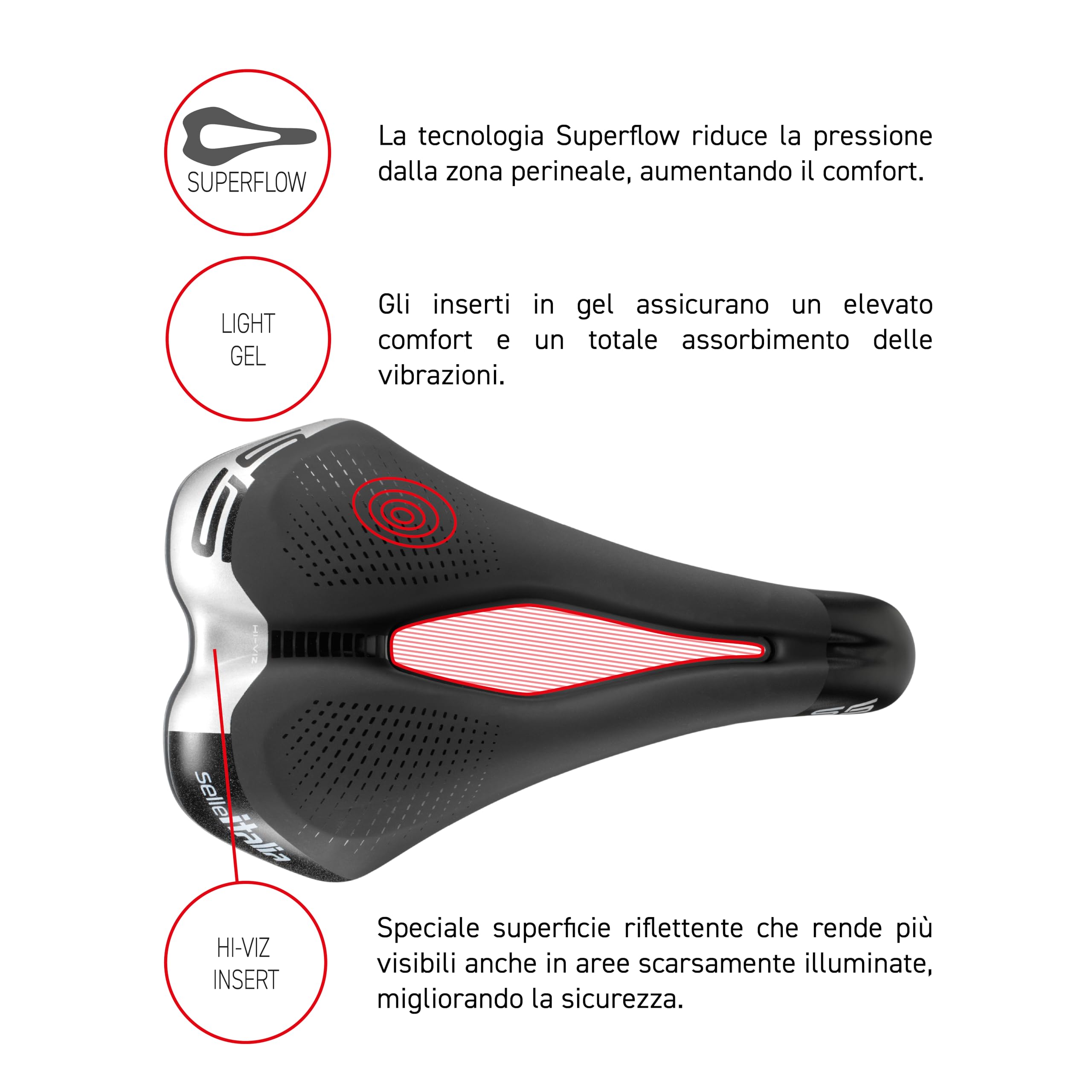 Selle Italia S5 Superflow - Sella City Bike e Bicicletta Urbana con Imbottitura Gel, Rivestimento con Inserti ad Alta Visibilità e Foro Anatomico, Telaio in Fec Alloy