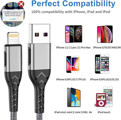 Miniatura 6 de Durcord - Cargador de iPhone con certificado MFi, paquete de 3 cables lightning de 10 pies, cable USB A largo de carga rápida para iPhone Xs Max,