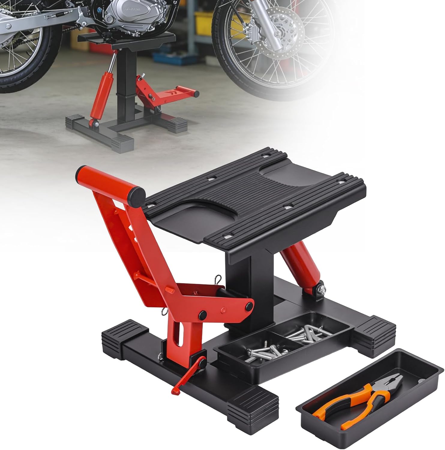 Hydraulic Dirtbike Lift Stand 1000 LBS Motorcycle Stand Lift with Removable Tool Tray Adjustable Height Hoist Table with Extra Large and Non-Slip Platform for Dirt Bike, Motorcycle, E Bike & Motocross