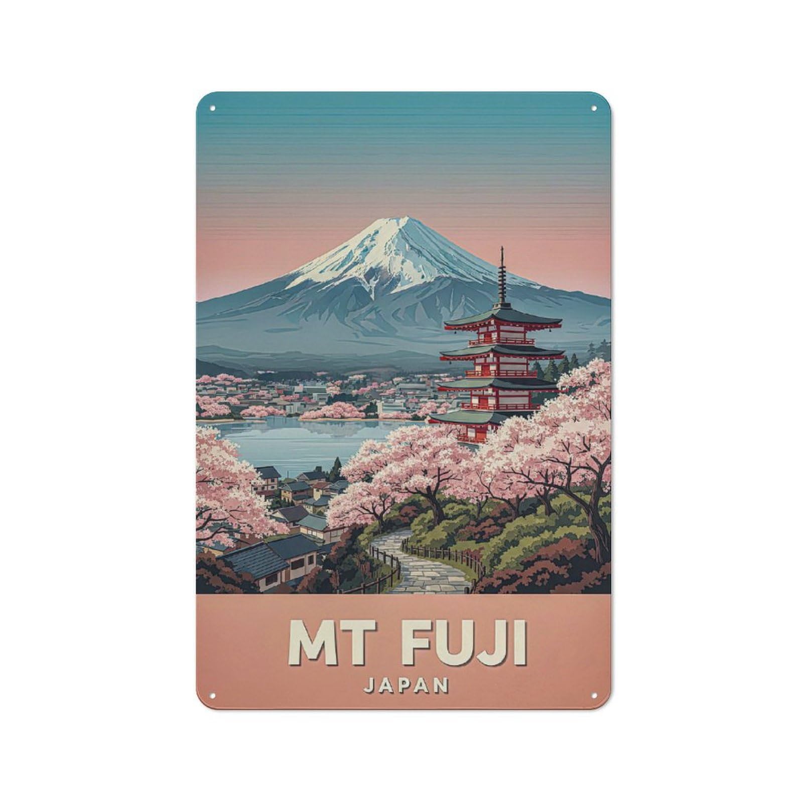 Junmoney Style-6 Mt. Fuji With Pagoda And Cherry Blossoms Everyday Metal Wall Decor 30X20cm, Decorative Tin Plaque For Flat, Dorm Room, Lounge Or Cafe