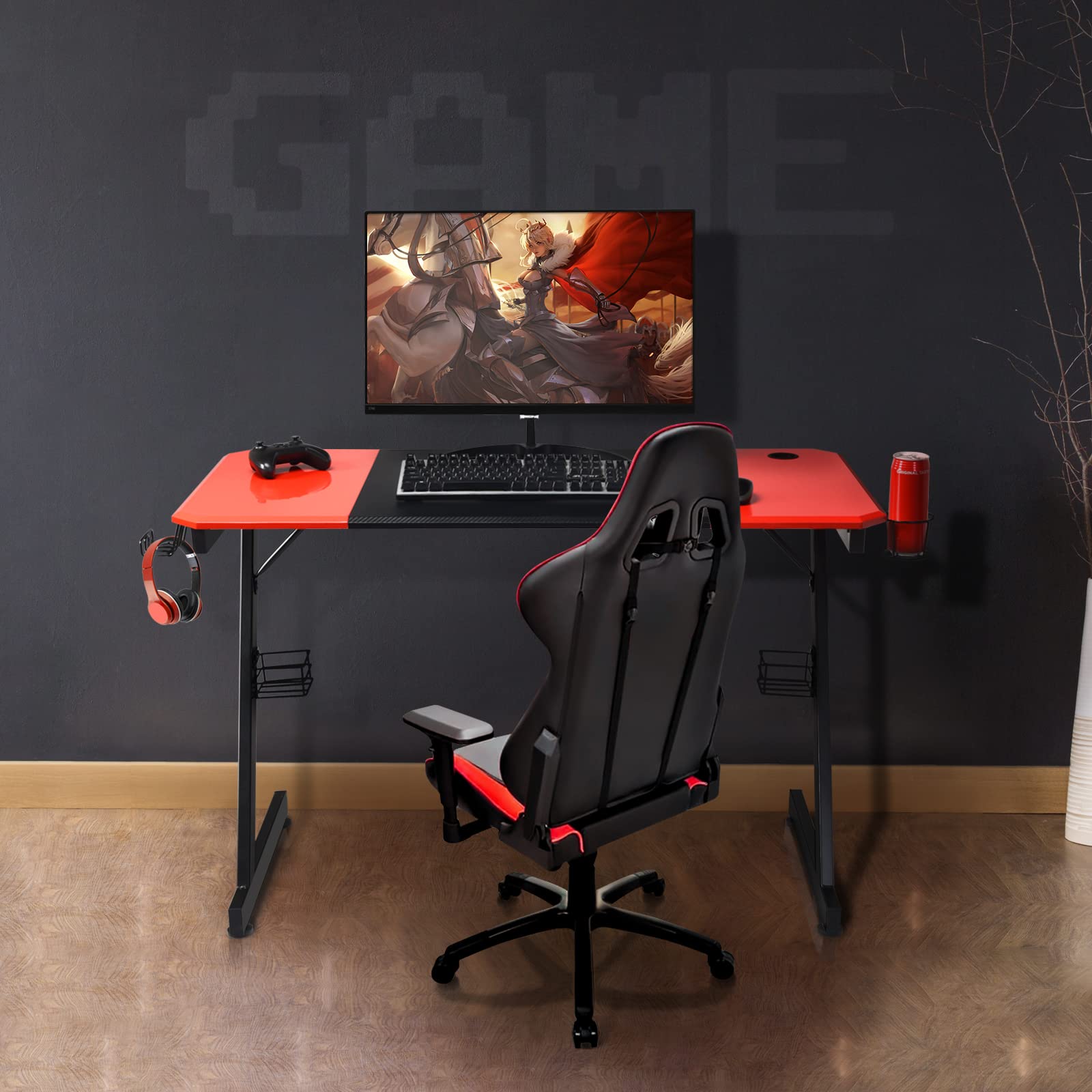 GIANTEX Scrivania Gaming a forma di Z, Scrivania Grande 120x60x76 cm, Scrivania da Gioco con Supporto per Bevande, Tavolo per Gaming o Computer, Ergonomica, Nero+Rosso
