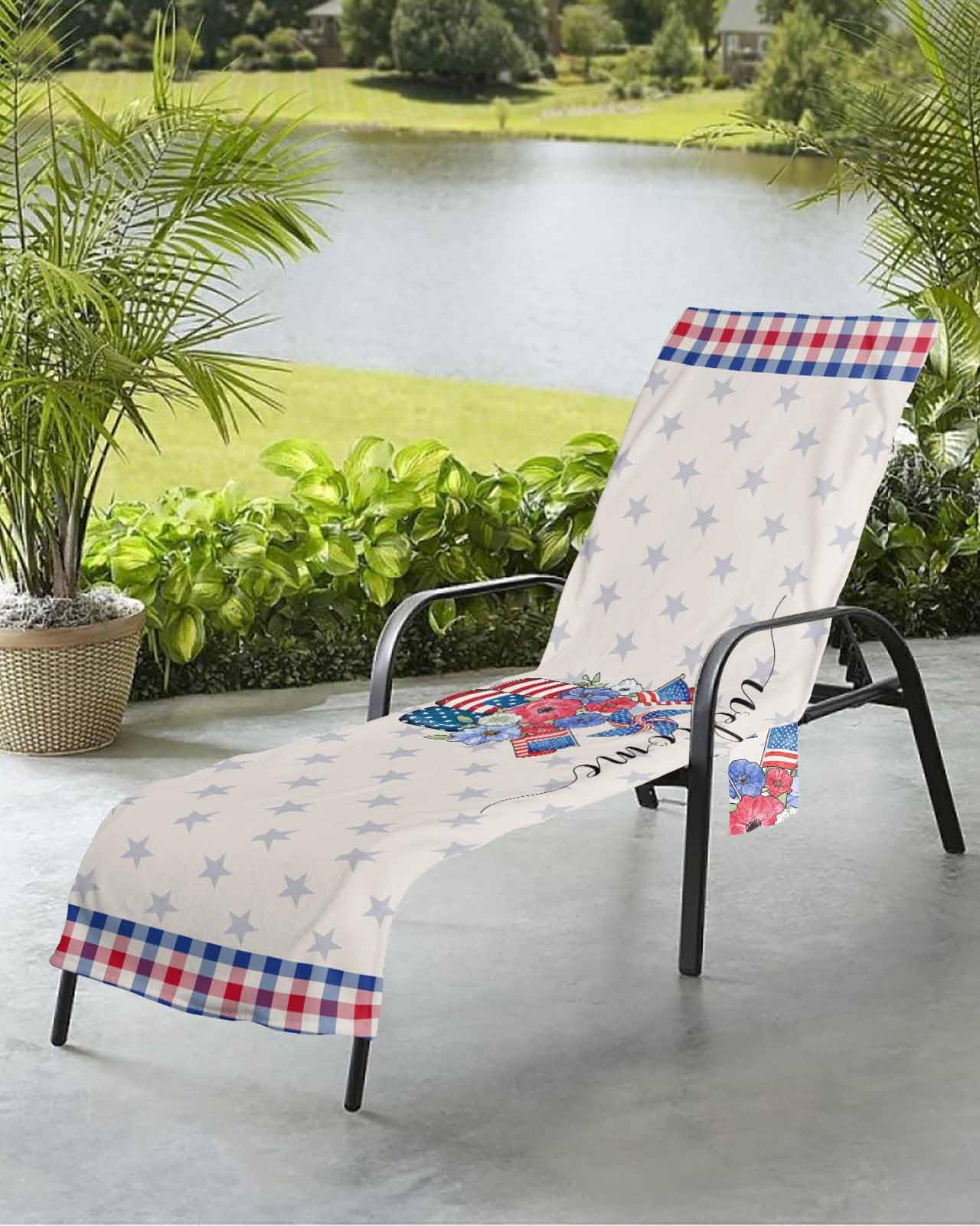 Patriotic Vase Floral Beach Chair Towel Covers for Chaise Lounge with Side Pocket, Soft Plush Pool Towels Cover for Patio Sunbathing Outdoor 29''x85'' 4th of July Memorial Day Lattice
