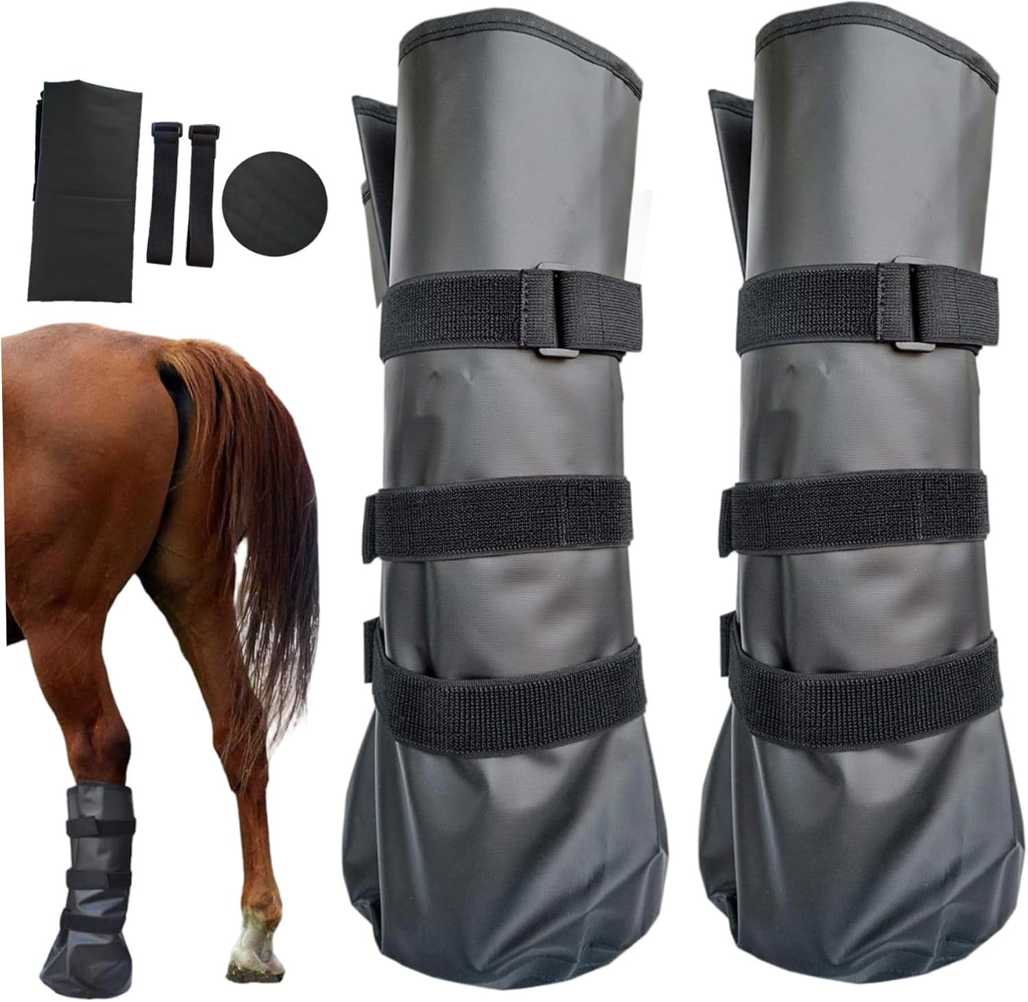 Horse Boots, 1 Pair 20x8in Horse Legs Boots with Adjustable Strap, All-Round Lower Limb Protection & Support for Soaking Wounds Infections (Black)