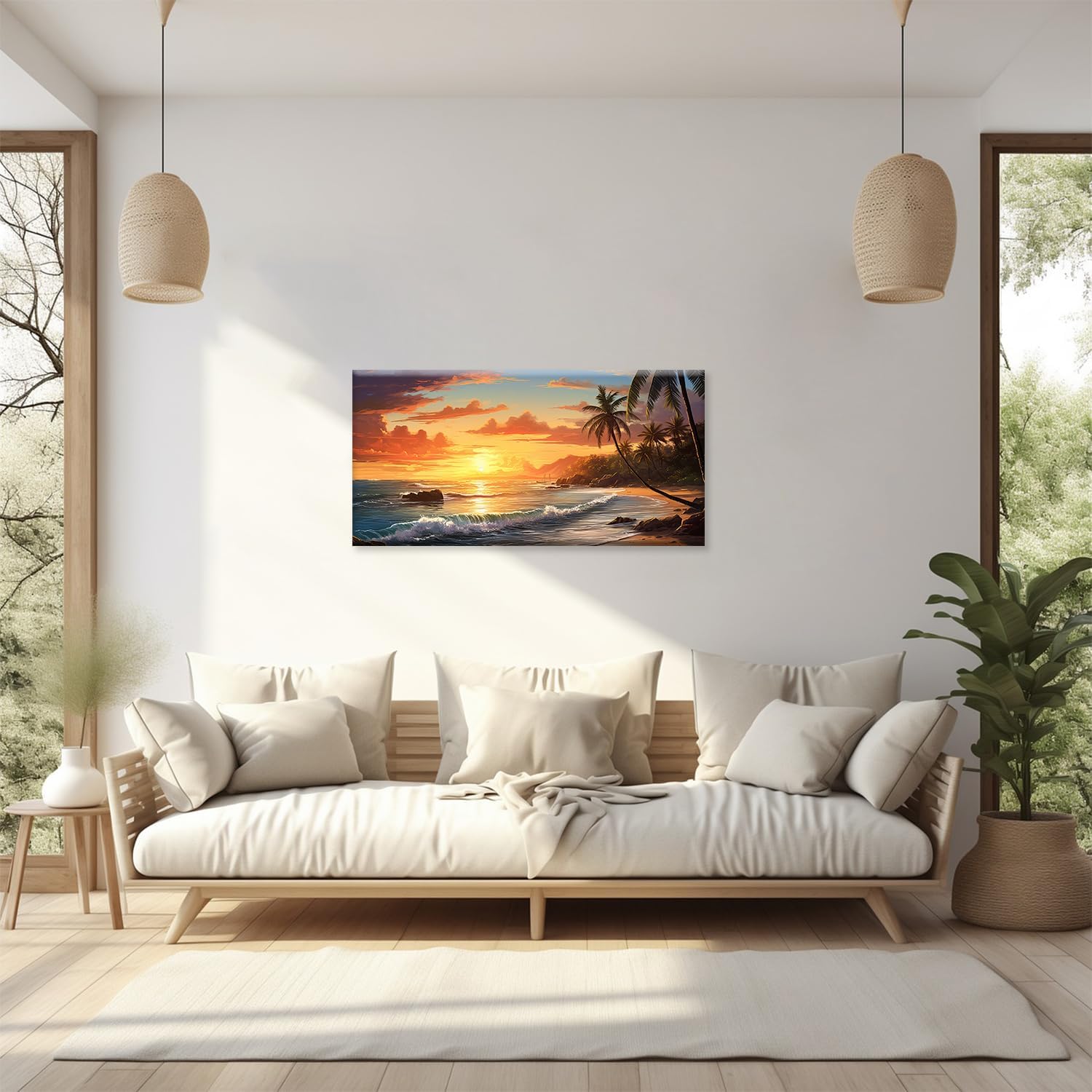 Beach Canvas Wall Art, Sunset on Beach with Palm Trees Painting Picture Charming Beach Seascape Poster Print for Bedroom Living Room Decor(Artwork-01, 16"x8")
