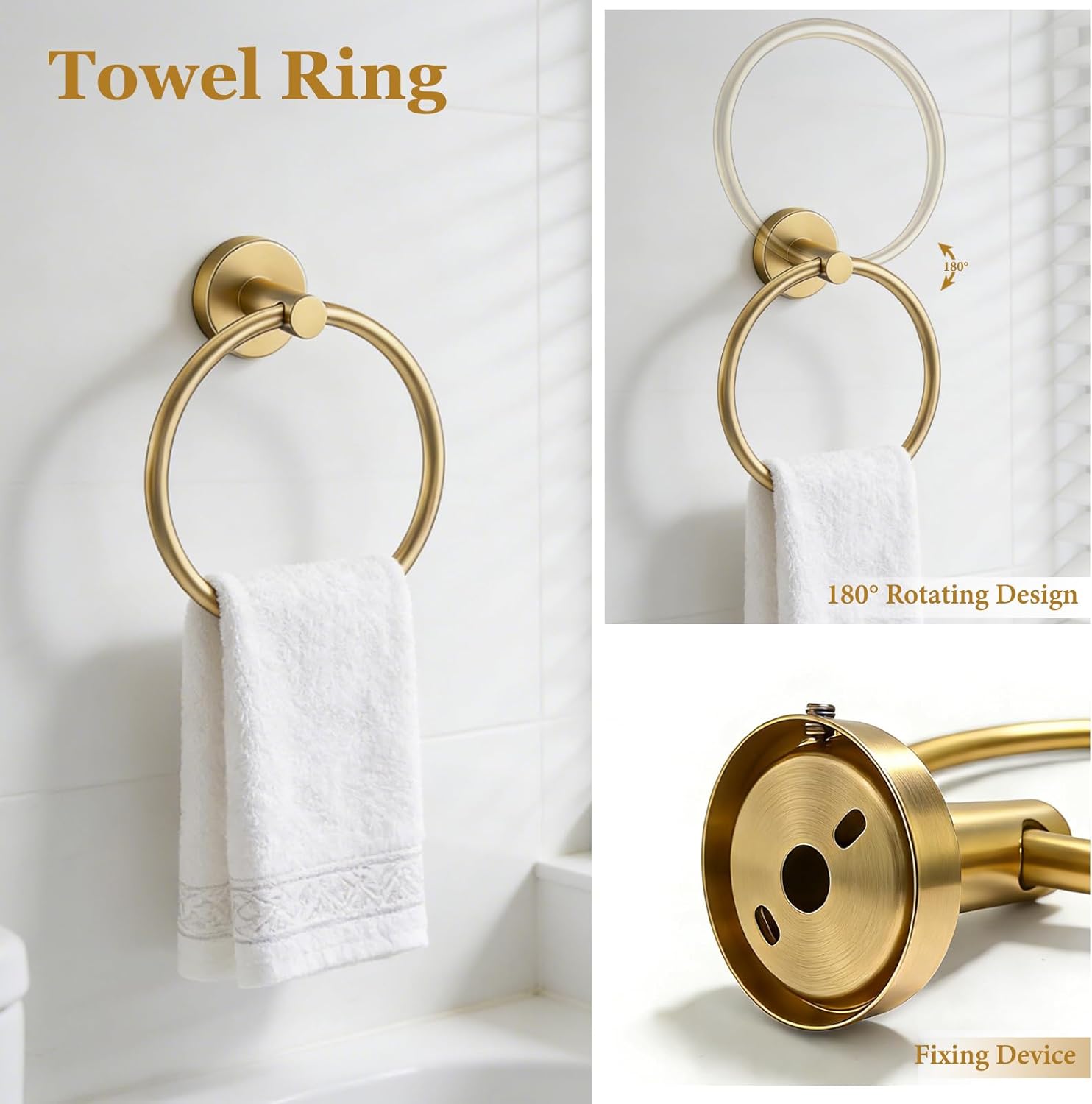 5-Pieces Wall Mount Bathroom Accessories Bathroom Hardware Set,22 Inch Stainless Steel Waterproof Towel Bars,Toilet Paper Holder with Shelf,Towel Ring,Coat Hook (Brushed Gold 5PC - Round)