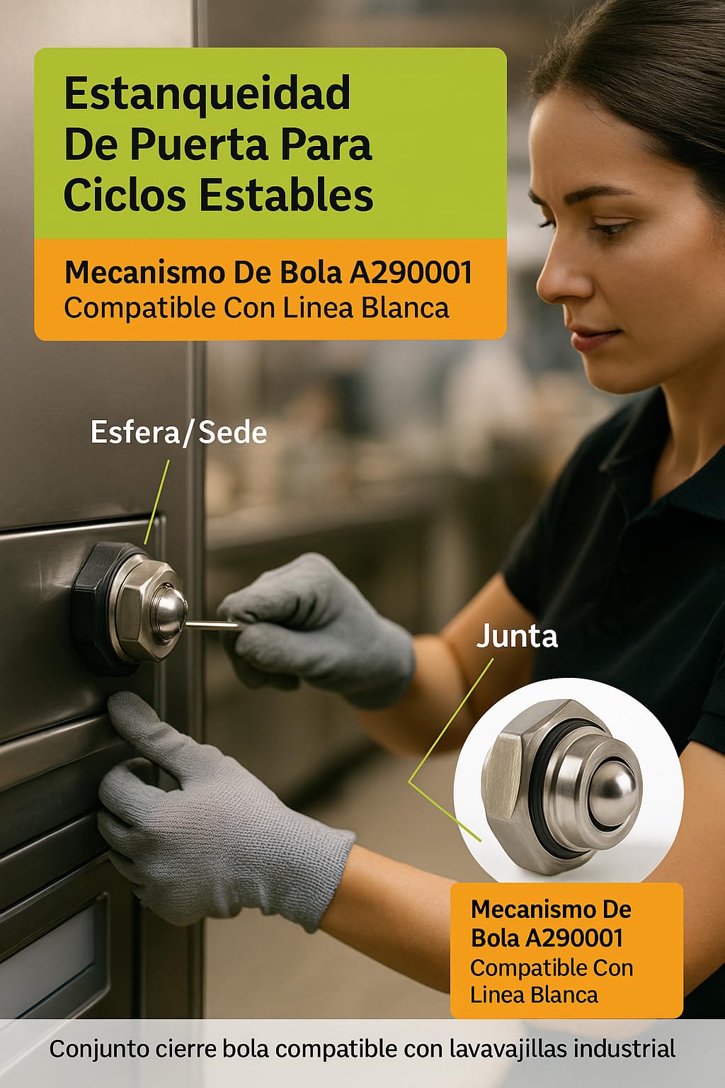 Conjunto Cierre Bola Lavavajillas Industrial Kit Puerta Estanqueidad Seguridad A290001 Acero Inoxidable Repuesto Profesional Sat Hostelería Compatible Multimarca MáquinasGN