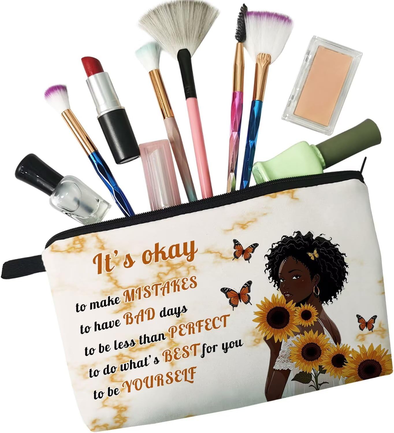 African American Makeup Bag Cute Small Organizer Zipper Pouch It's Okay To Be Yourself Cosmetic Bag Inspiring Birthday Present for Black Women Friends - Image 4