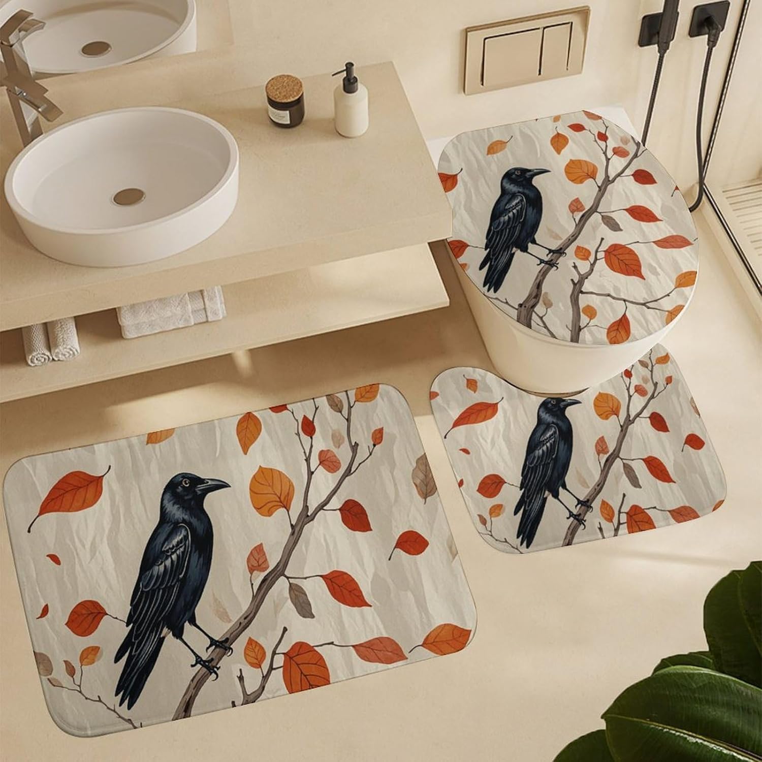 Victorian Raven Shower Curtain Set 4 Piece, Non-Slip Bath Mat with Toilet Lid Cover and Waterproof Shower Curtain with 12 Hooks, Complete Bathroom Set for Home Decor