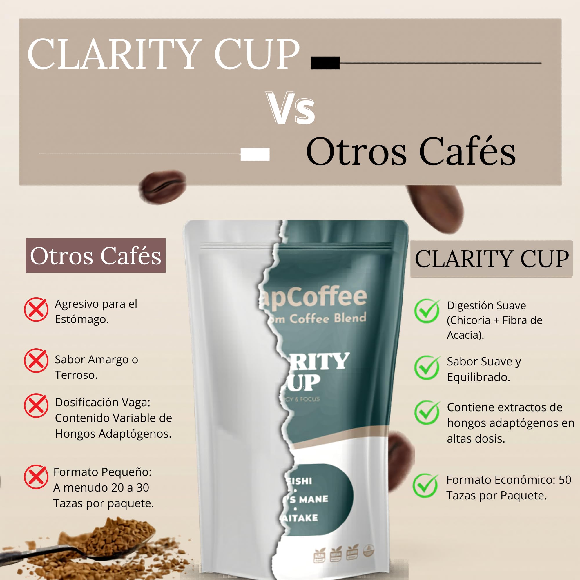 Clarity Cup – Café Instantáneo con Hongos Adaptógenos – Lion’s Mane, Reishi, Maitake – Enfoque y Vitalidad – Sabor Gourmet con Cacao Puro – 200 g – 50 Tazas