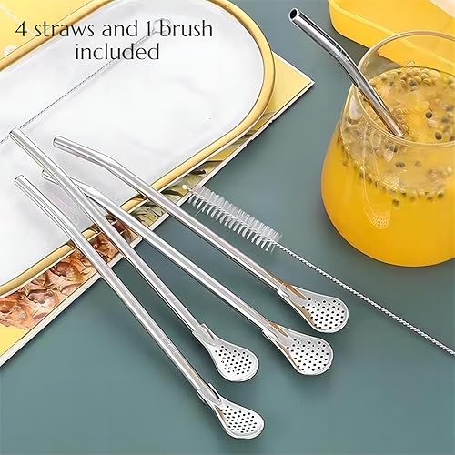 Miniatura 6 de Pajitas de cuchara de acero inoxidable, juego de 4 piezas con filtro, popotes reutilizables con cepillo de limpieza, color plateado