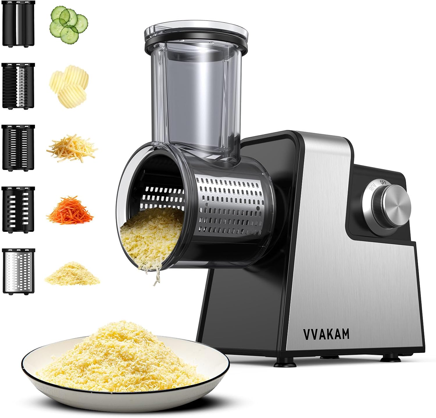 Electric Cheese Grater,5-In-1 Electric Grater,300W Salad Maker,Electric Slicer with One-Touch Control,Food Electric Slicer Shredder,Graters for Kitchen for Vegetables Cucumber Carrots Cabbage Nuts