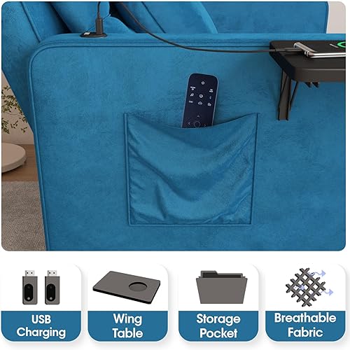 Miniatura 10 de Vabches Sofá cama 3 en 1 con mesa de ala y puertos USB, silla de terciopelo con respaldo ajustable, fácil montaje, gris oscuro