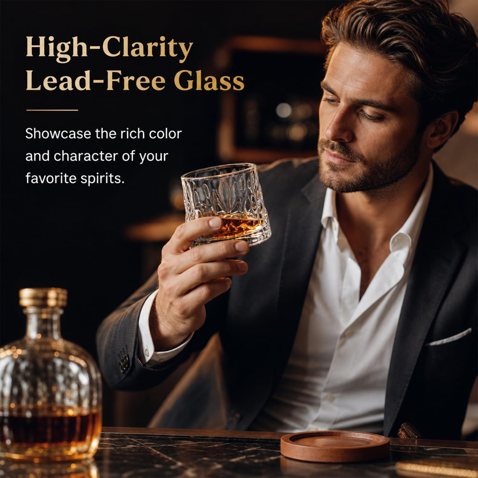 Obrotowe szklanki do whisky 180 ml, zestaw 2 szt. z podstawkami, szkło obrotowe o wysokiej przejrzystości, młotkowany wzór, do whisky, rumu, bourbona, koniaku, prezent dla mężczyzn
