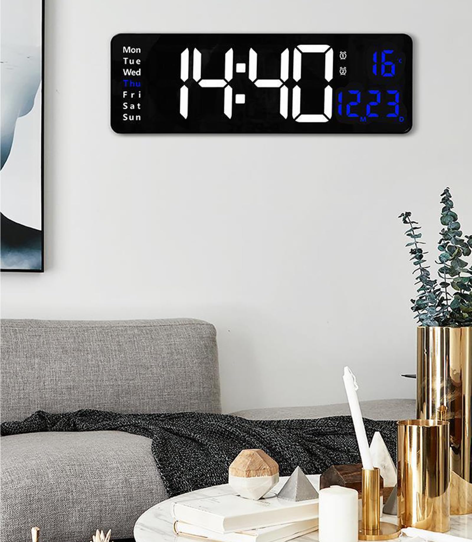 Reloj de Pared Digital LED, Reloj de Mesa de 12/24 h con Brillo Ajustable, Reloj de Alarma electrónico con Pantalla Multi Funcional para Sala de Estar, Dormitorio,F