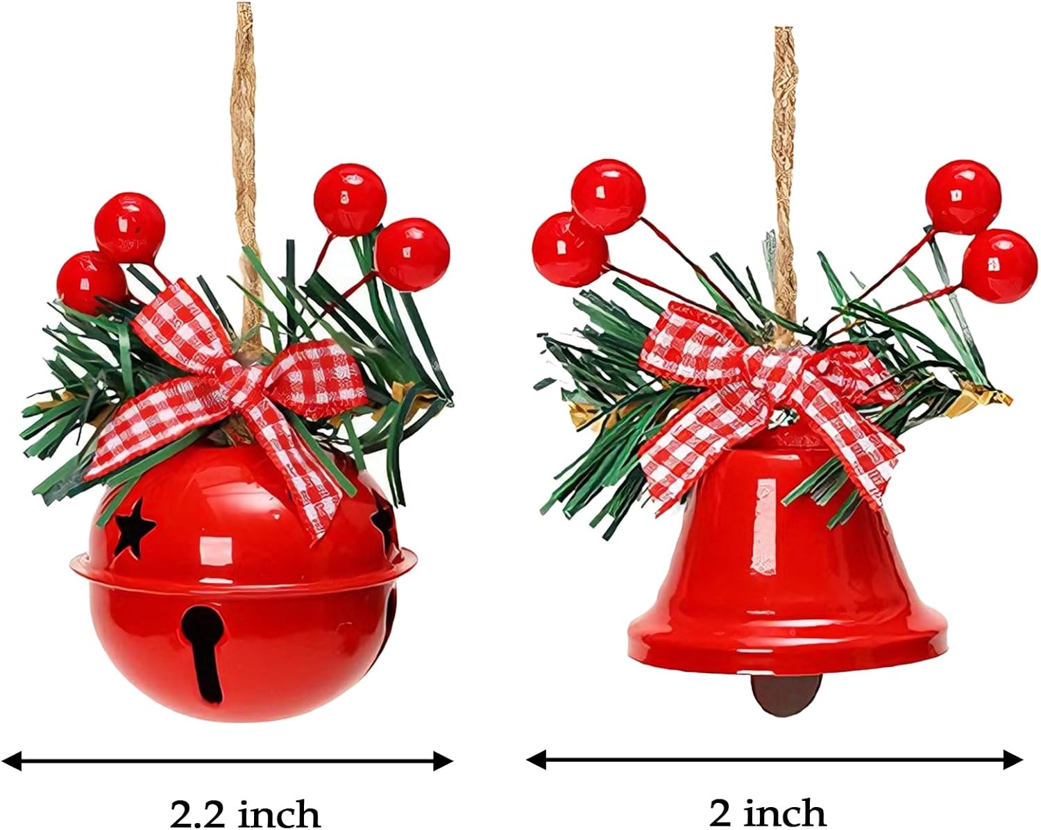 Christmas Jingle Bells, 2.2" Metal Decorative Bells Star Cutouts Xmas Tree Ornaments for Wreath Holiday Crafts Rustic Home Hanging Decor, Big Size, Red White Green (Mix 6 Pcs)