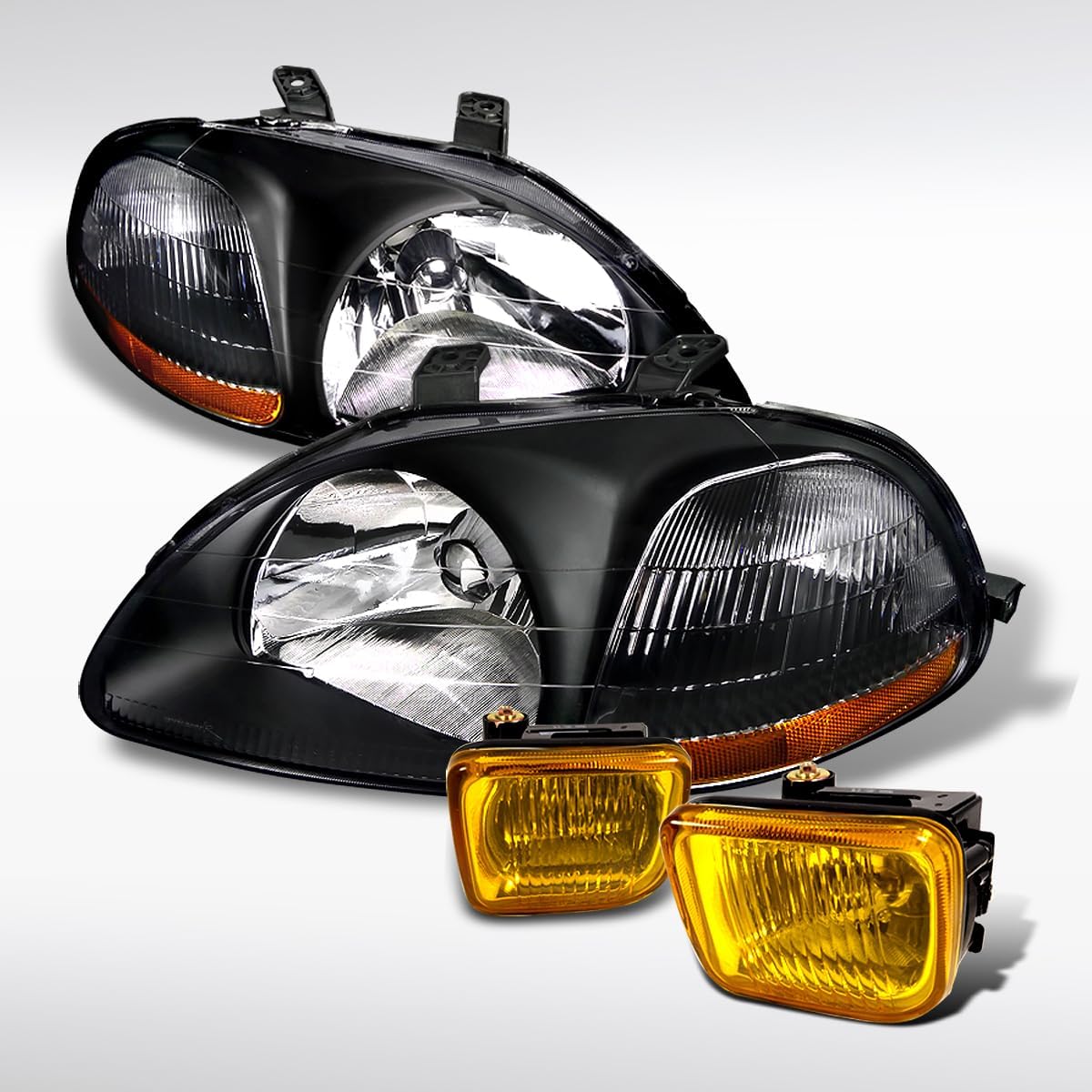 Spec-D Tuning Black Headlights W/Yellow Fog Lamp Switch Kit for 1996-1998 Honda Civic 2/3/4Dr Left + Right Pair