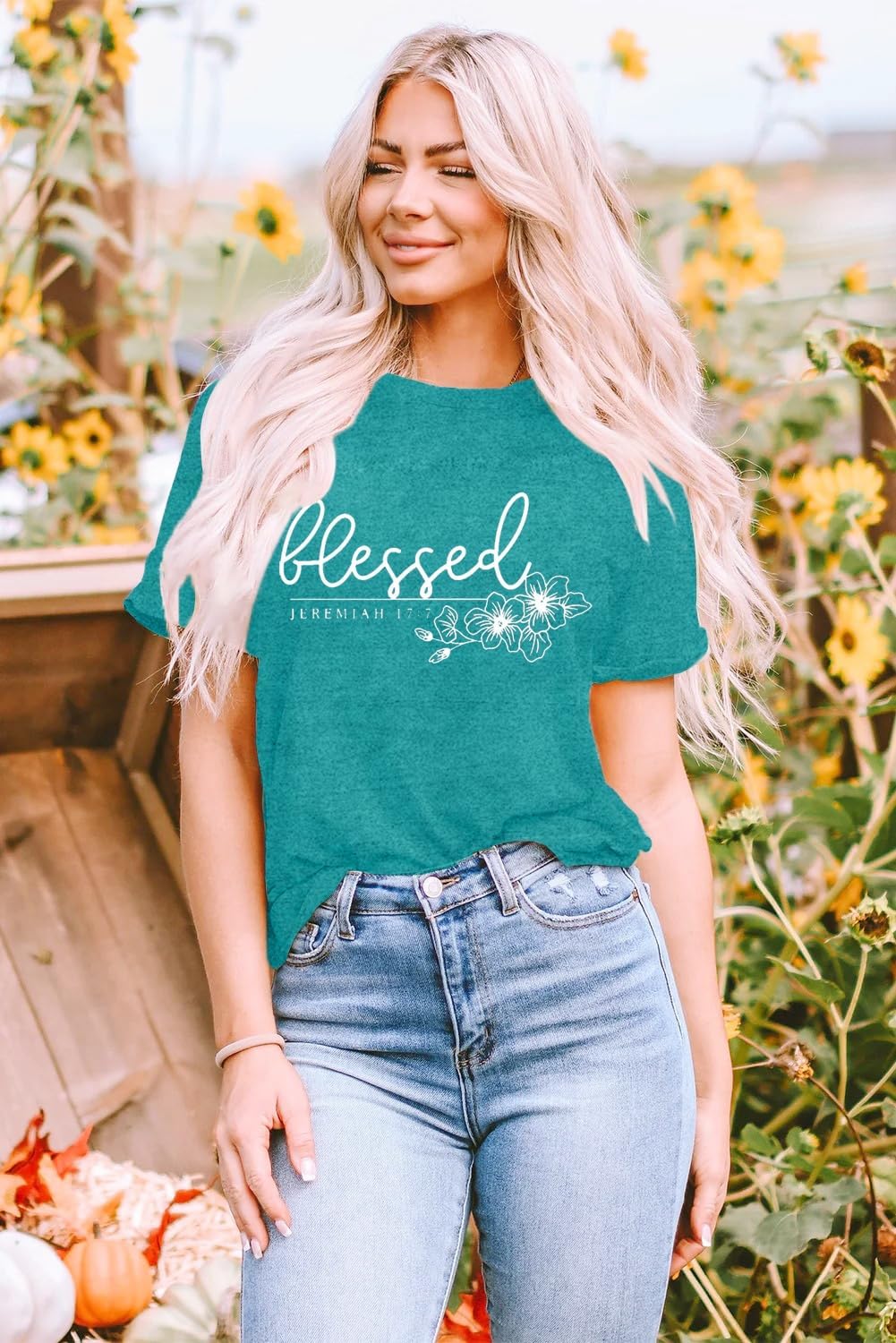 Christian Shirt for Women Blessed Letter Print Bible Verse T-Shirt Retro Faith Short Sleeve - Image 4