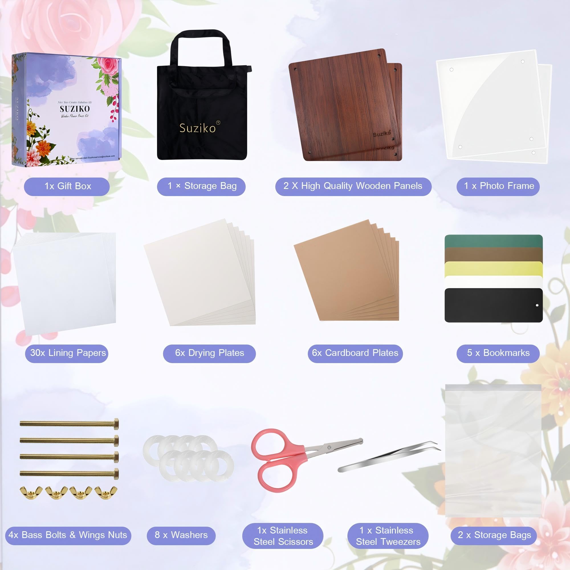 Suziko Kit de Prensa de Flores Bolsa de Almacenamiento, Kit de Manualidades DIY, Gran Kit de Prensa de Flores de Madera para Adultos y Niños, 25 x 25 cm