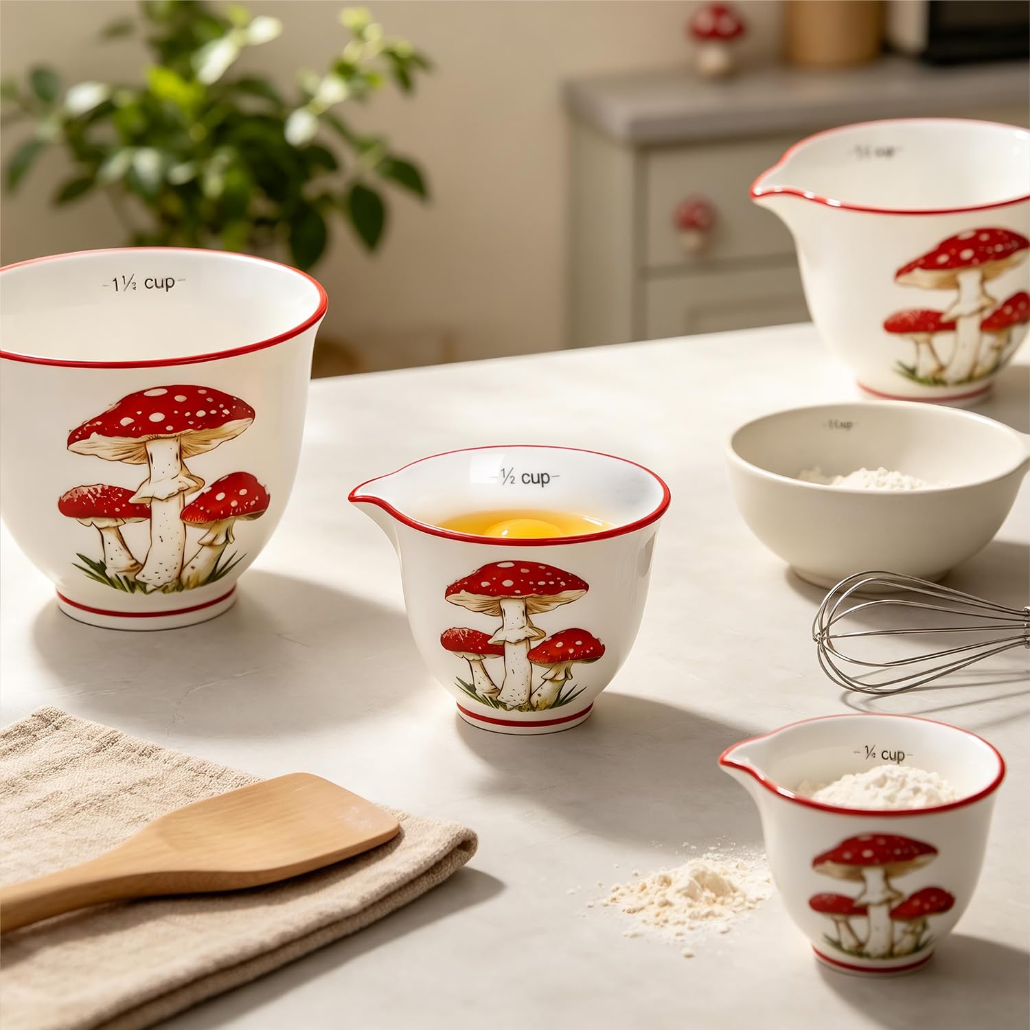 Sizikato Set di 4 misurini in ceramica a forma di fungo, per cucinare e cuocere al forno