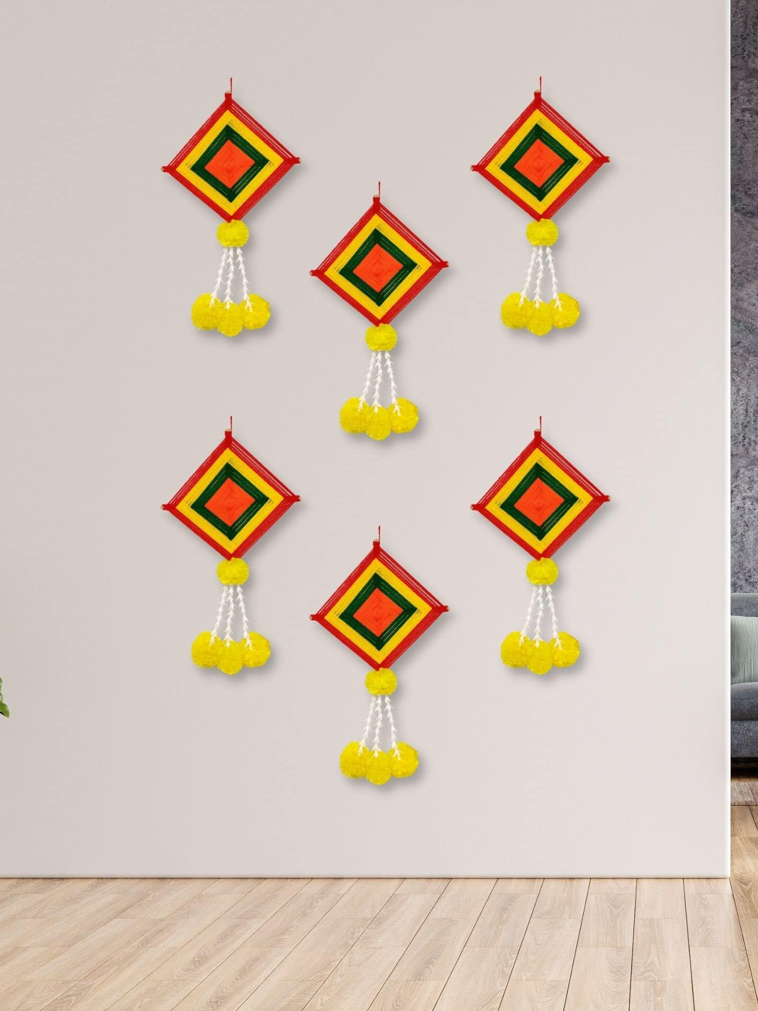 JH Gallery Handmade Artificial Marigold Fluffy Flowers Colorful Woolen Kite Hangings (39 Inches Height Approx.) (Pack of 6)