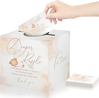 Diaper Raffle Game with Box and 50 Diaper Raffle Cards, Sleepbear Theme Diaper Raffle Tickets for Baby Shower, Diaper Party Raffle Insert Cards, Funny Party Decorations Supplies