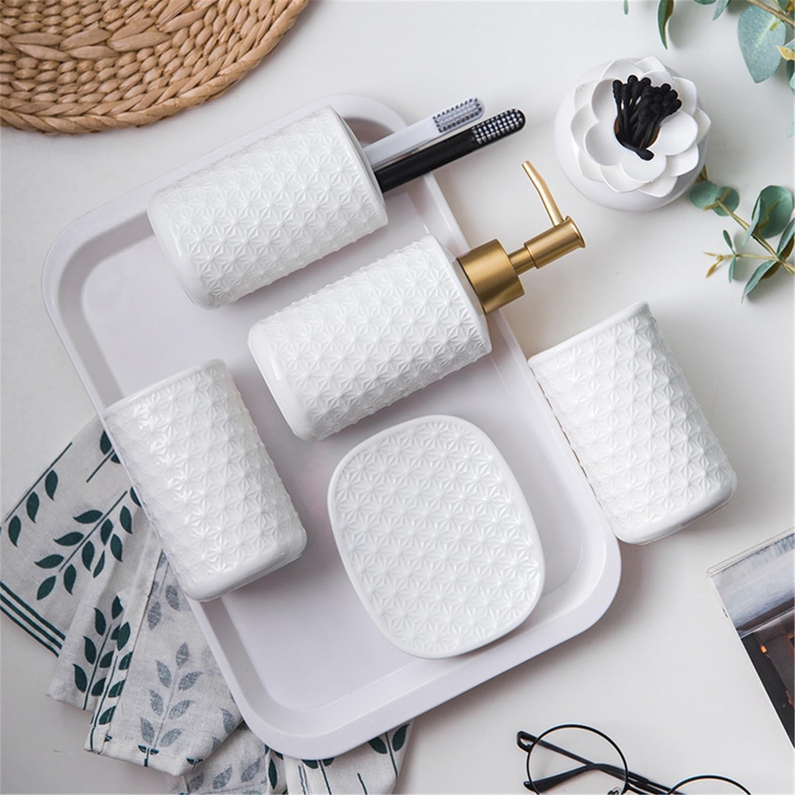 Łazienka Ceramiczny Dozownik Mydła 5 Sztuk Zestaw Do Mycia, Uchwyt Na Szczoteczkę Do Zębów Łazienka, Kubki Do Płukania Jamy Ustnej, Uchwyt na Szczoteczkę Do Zębów Butelka Dozownika Płynu