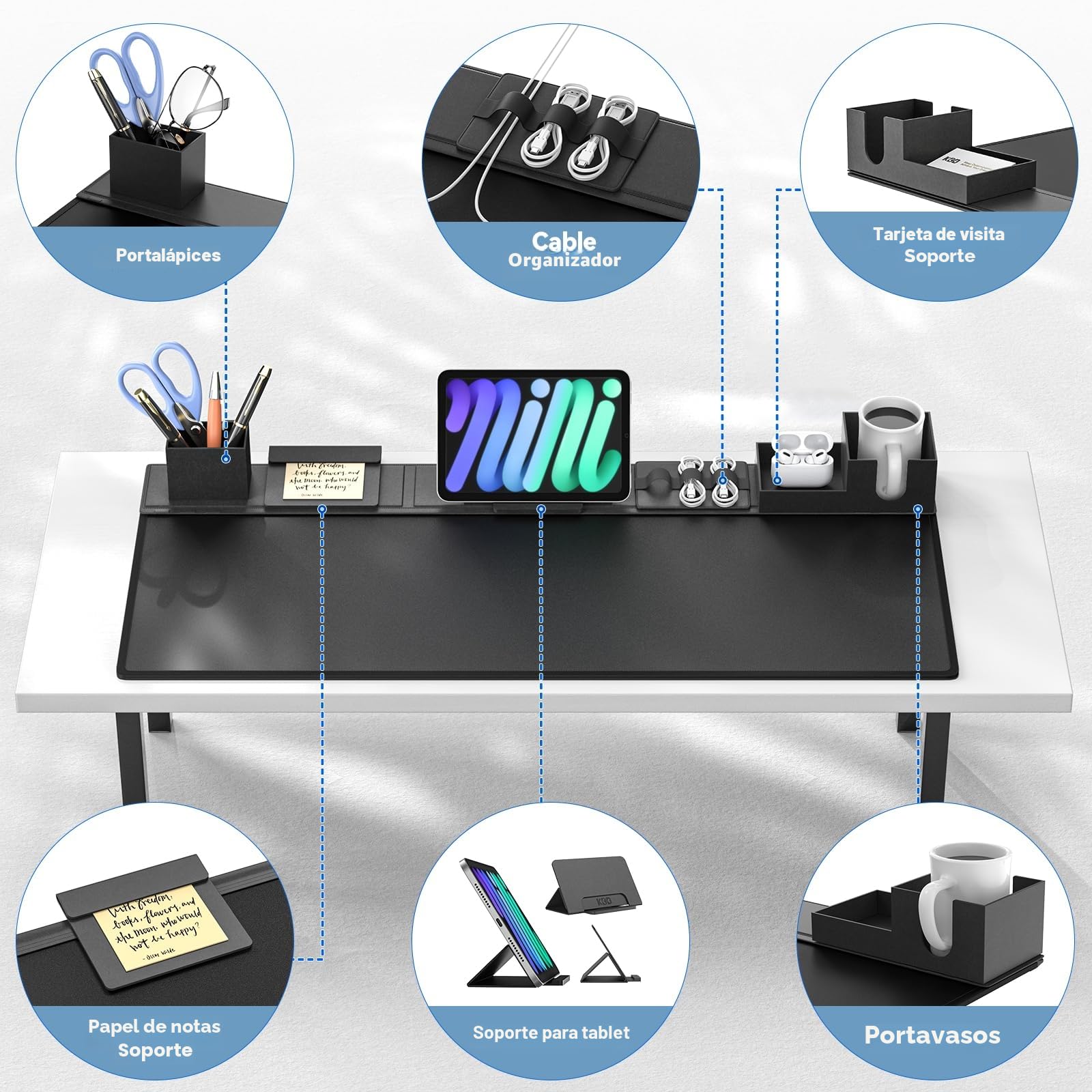 KDD 6 en 1 Alfombrilla Escritorio XXL Set, Tapete Escritorio & Alfombrilla Ratón Gaming con Organizador Escritorio Magnéticos DIY para Soporte Tableta/Portavasos/Tarjetero/Portabolígrafos(80X35.5cm)