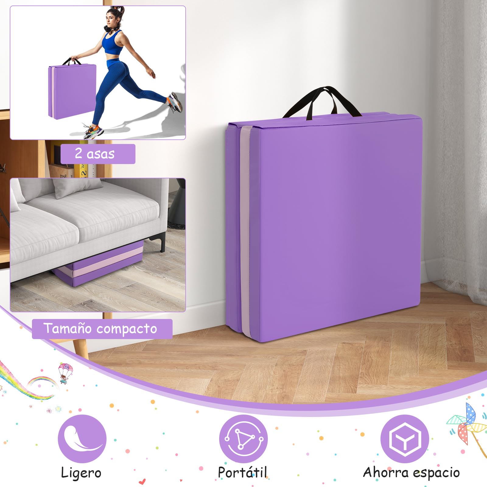 COSTWAY 180 x 60 x 5 cm Colchoneta de Gimnasia Plegable, Esterilla de Gimnasia con Superficie Impermeable y Algodon Perlado, Estera Suave de Yoga con 2 Asas para Niños Adultos