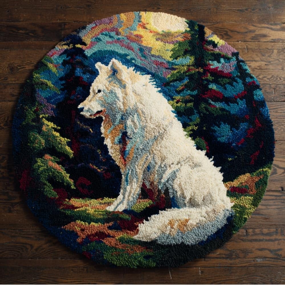 kitphoenix Round DIY Latch Hook Rug Kits Wolf 20X20Inch (50X50Cm) Easy for Beginners Round Carpet Crochet Yarn Craft Large Rug Hook and Latch Tapestry for Home Decor