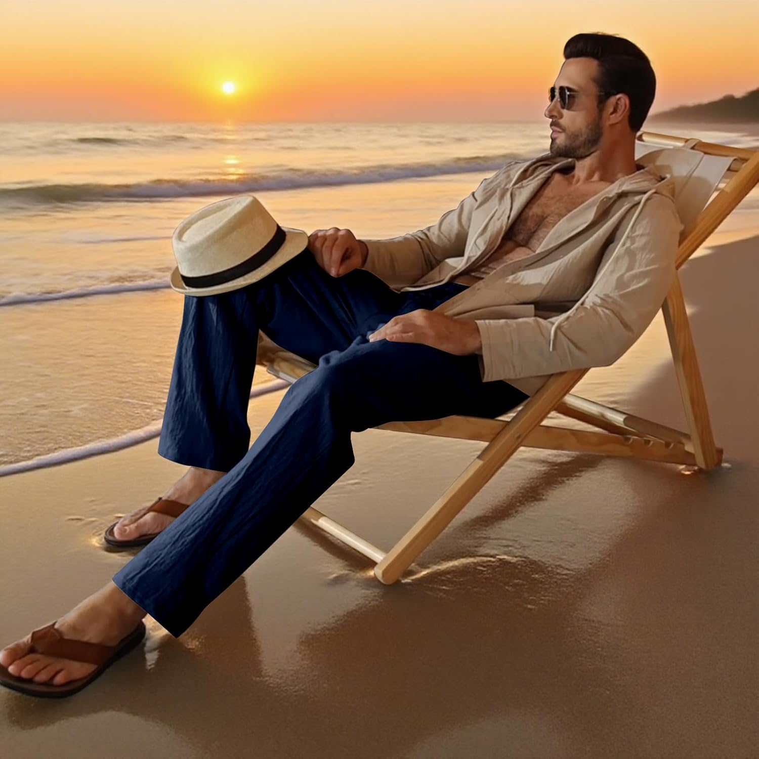 Mens Linen Pants Elastic Waist Drawstring Summer Beach Yoga Pants Wide Leg Trousers with Flag Label - Image 5