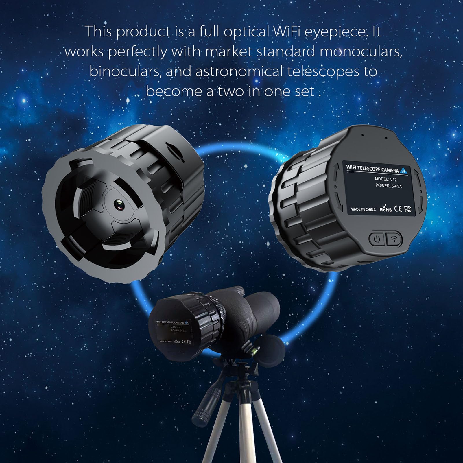 Drahtloses Digitales WiFi Okular, HD 4 Megapixel Kamera für Optische 25 mm 50 mm Teleskope und Mikroskope, Elektronische WiFi Okularkamera für 1,18 1,97 Zoll Teleskope (Black)