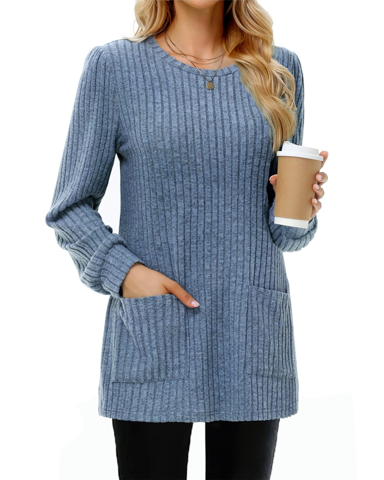 Tanmolo Damen Leichte Pullover Casual Rundhals Langarm Shirts mit Taschen Strickpullover Herbst Tunika Winter Oberteile