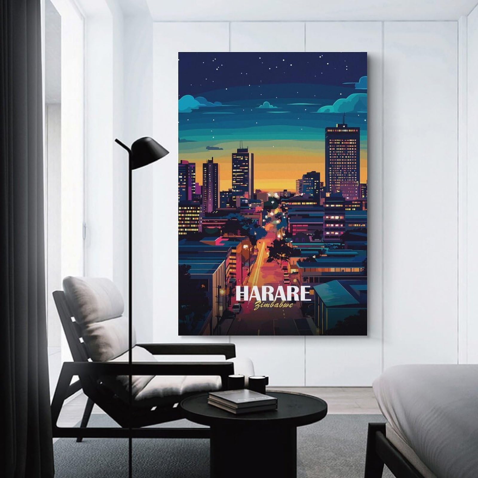 Junmoney Unframe-Style-11 Decorative Canvas Print Harare, Zimbabwe Cityscape At Night, 24X36inch(60X90cm), For Home Office, Desk Area Or Studio, Home Office Artwork With Decorative Appeal