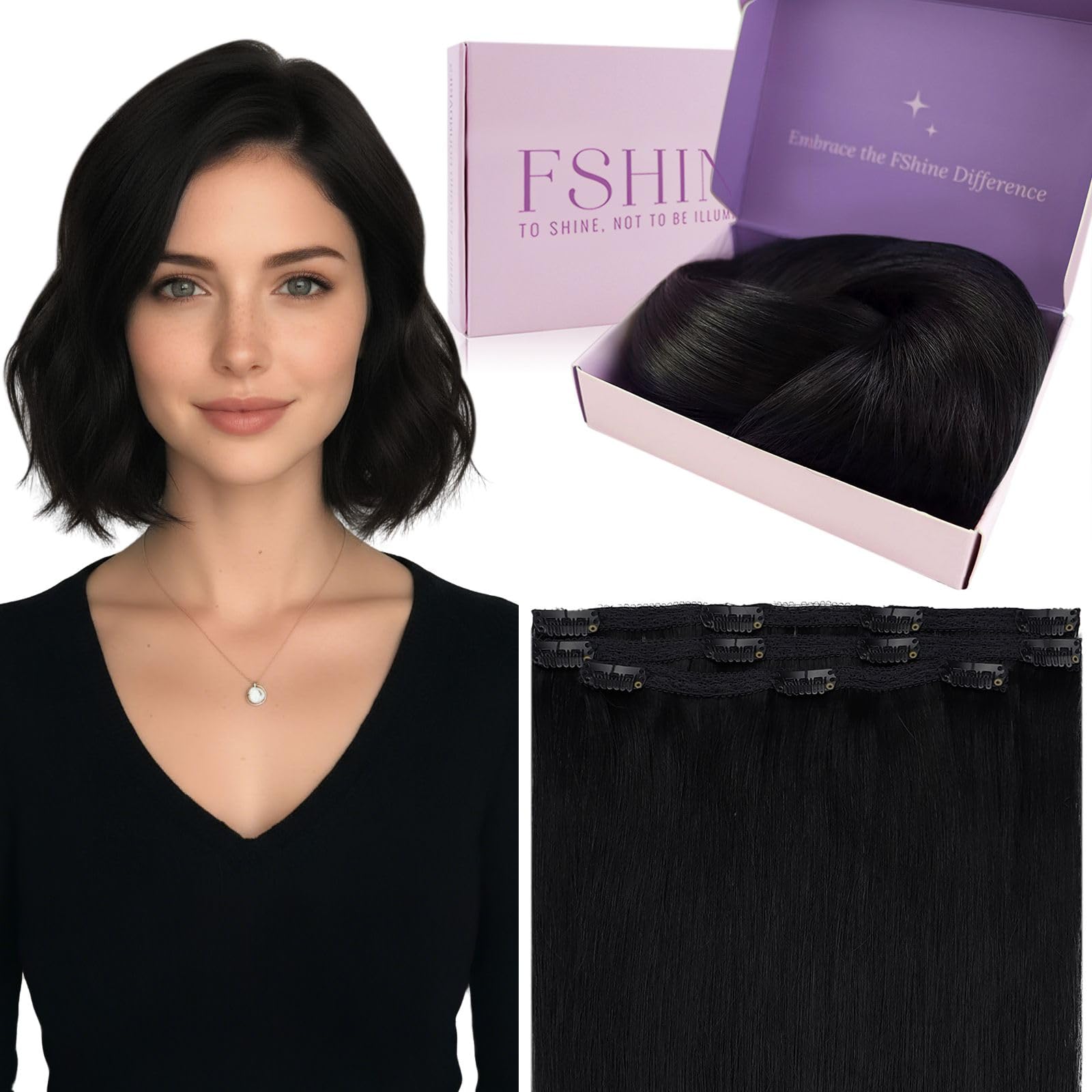 Fshine Extensiones de Clip de Pelo Natural Humano 7pcs 14 Pulgadas Extensiones Clip Pelo Natural Negro Natural Color 1B 120G — view 52