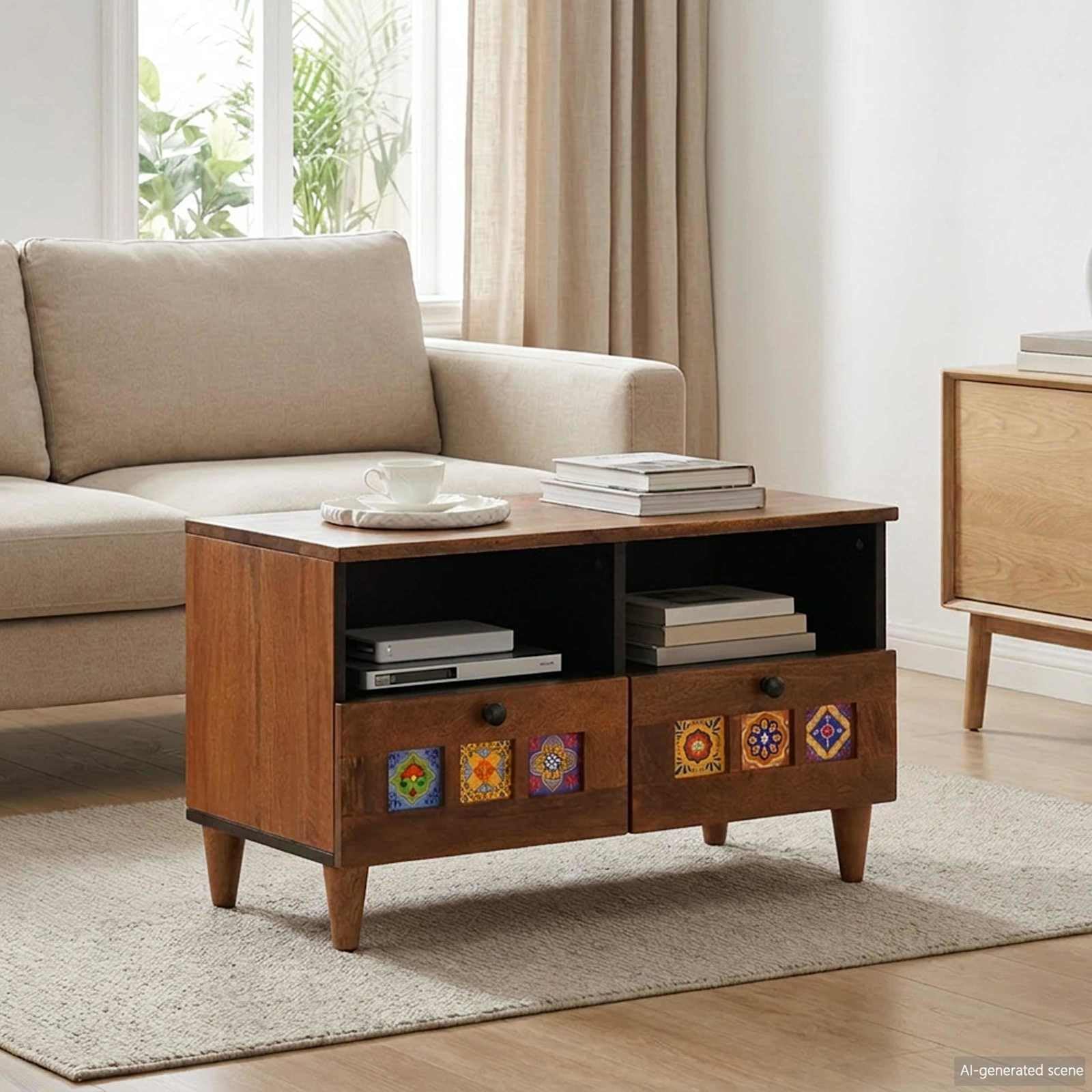 Table basse marron bois de mangue 80x54 meuble salon industriel vintage avec tiroirs