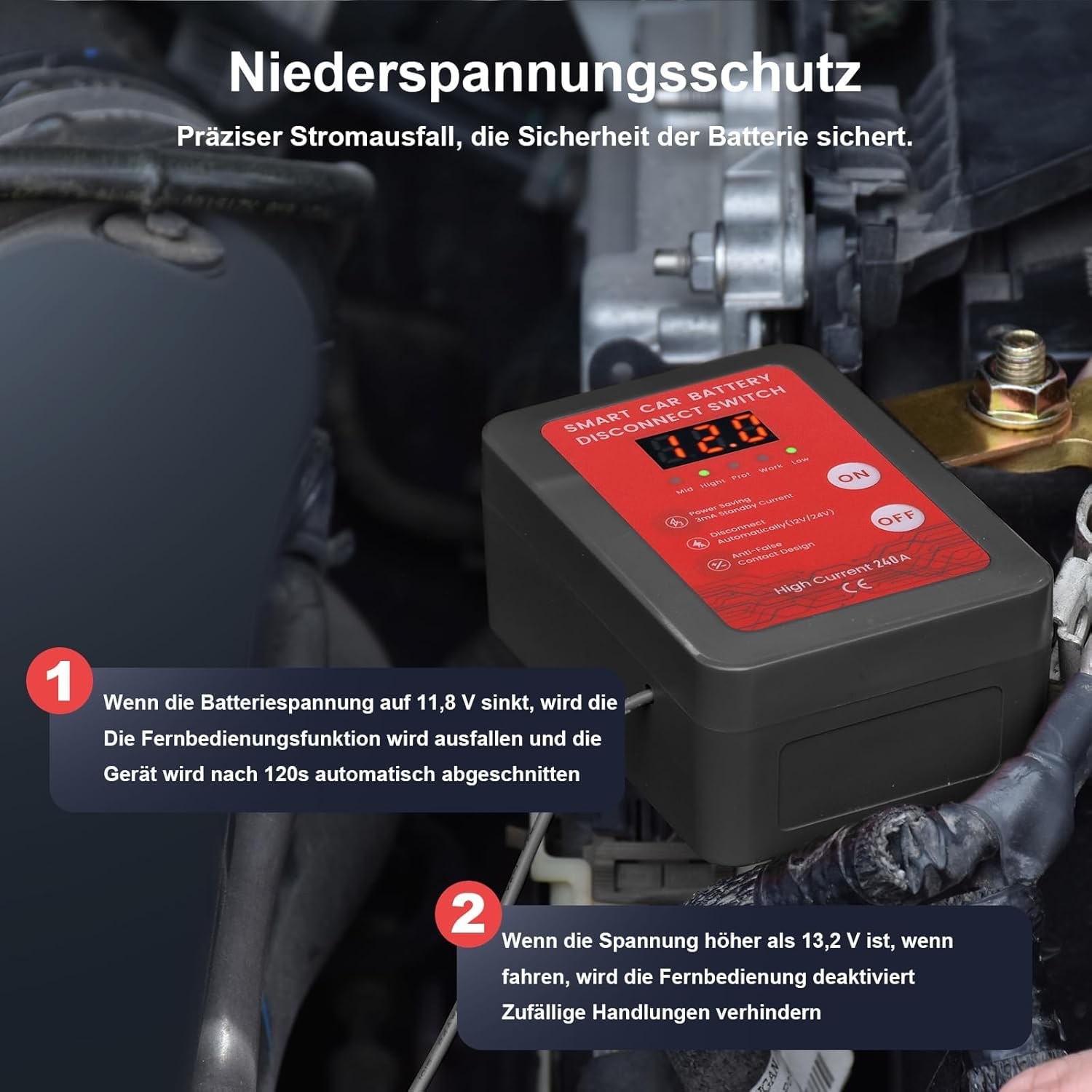 12V Batterie Trennschalter mit Drahtloser Ferngesteuerter,Batterietrennschalter mit Abschaltung,240A Batterie Kill Switch Anti-Diebstahl, für Auto, RV, ATV, LKW, Boot (Mit LED Anzeige)