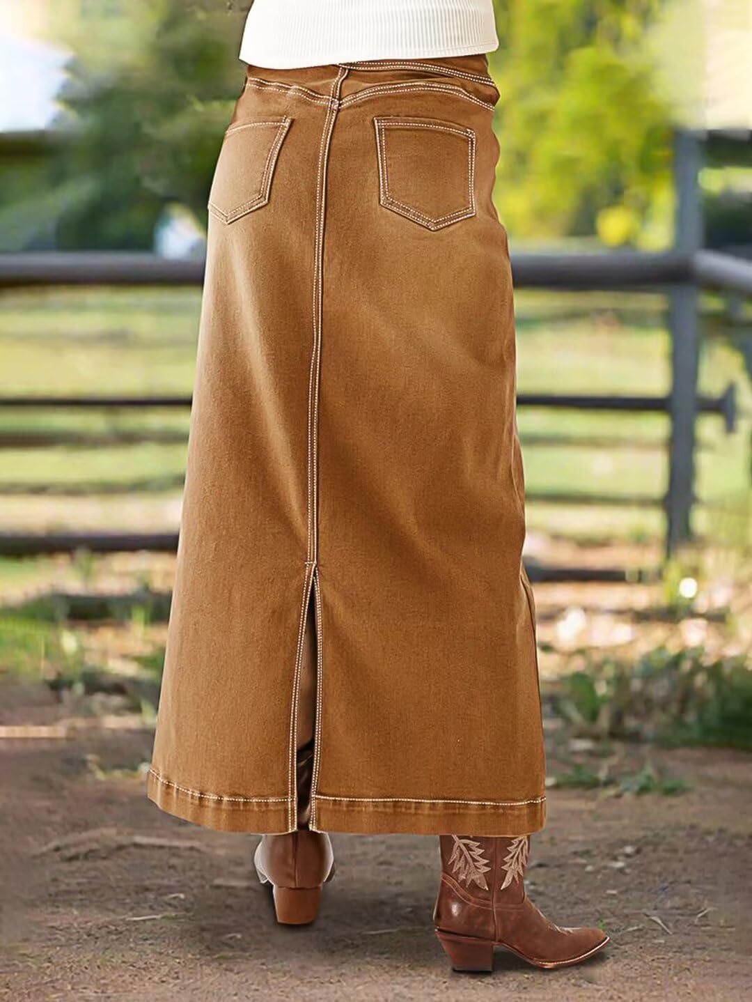 Flamingals Straigh High Rise Vintage Split Back Contrast Stitch Detail Denim Skirt