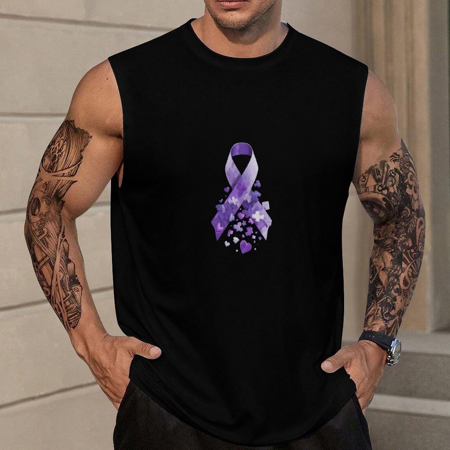 Alzheimer Awareness Ribbon Men Summer Sleeveless Crew Neck Top 5XL