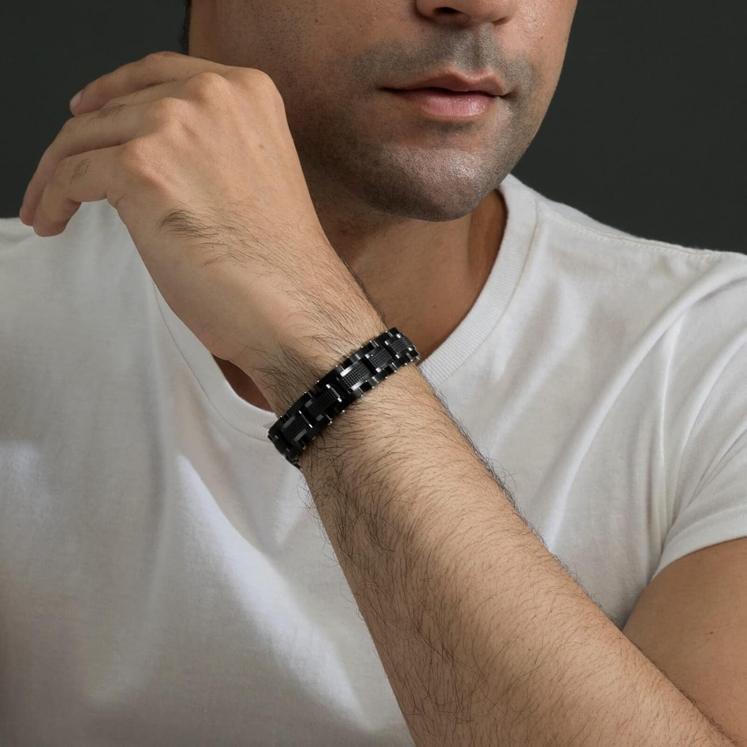 Men's Stainless Steel Two-Tone Square Link diamond Bracelet in Black & Blue Ion-Plated Black - Image 4