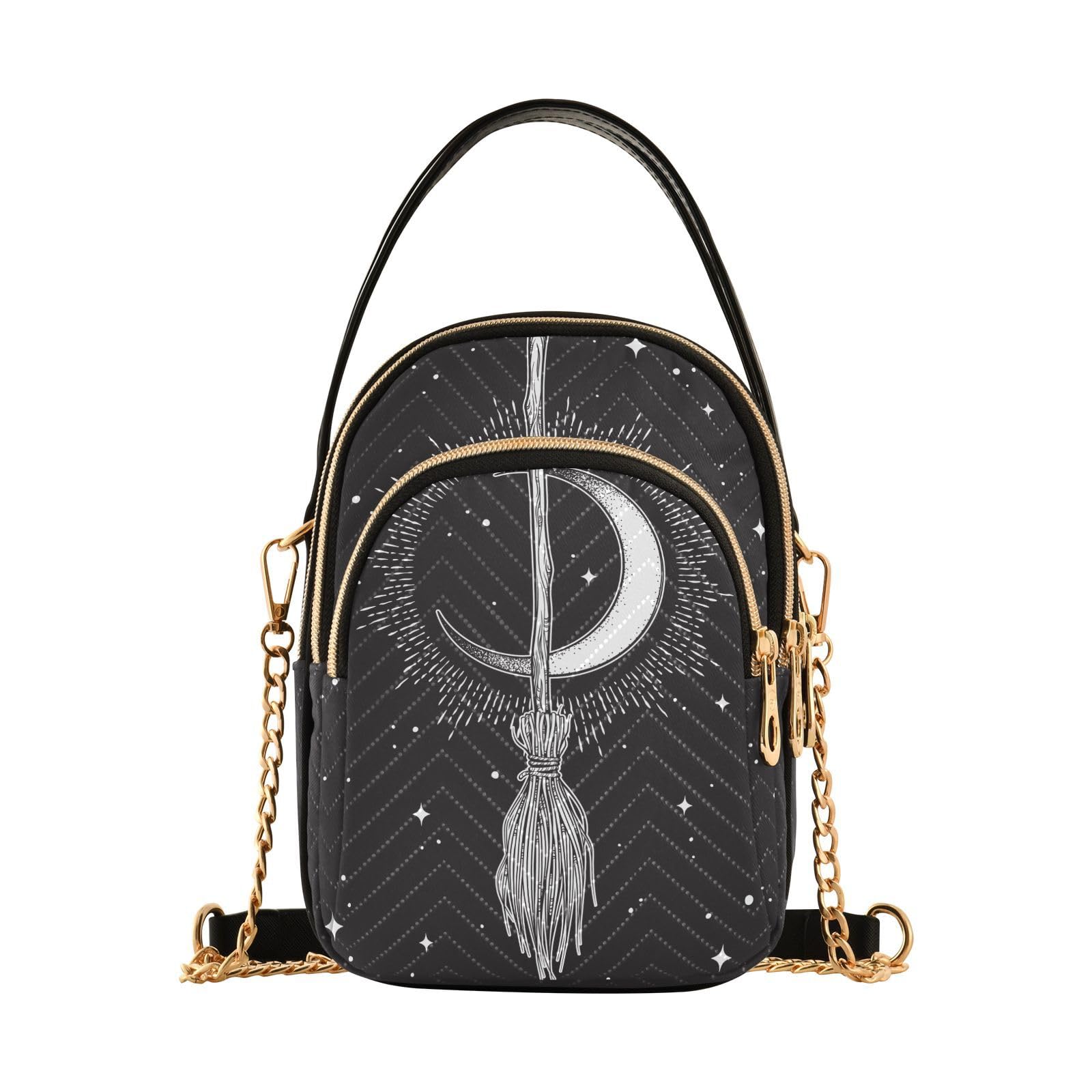 Yasala Halloween Cell Phone Purse Witch Moon Broom Magic Vehicle Crossbody Handbag Durable Shoulder Bag Sturdy Travel Pouch Compact Chic Bag for Women Everyday Use Day of The Dead Holiday Gift