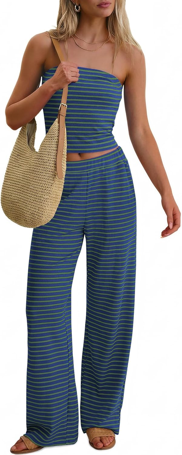 ANRABESS Women 2 Piece Sets Summer Striped Outfits Matching Tube Top Wide Leg Lounge Pants 2026 Travel Beach Vacation Clothes