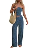 Women 2 Piece Sets Summer Striped Outfits Matching Tube Top Wide Leg Lounge Pants 2026 Travel Beach Vacation Clothes