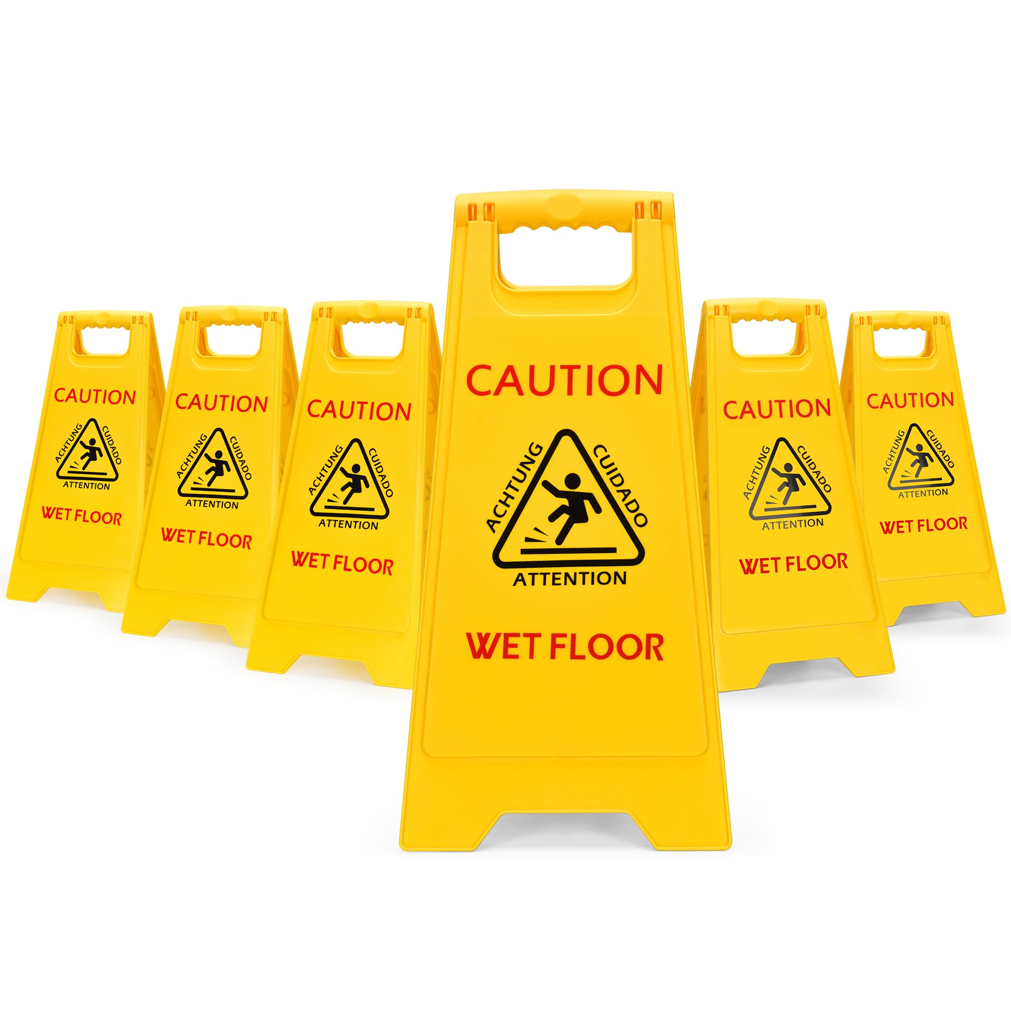 matthew cleaning 25'' industrial wet floor sign 6 pack 2-sided safety a-frame birght yellow multilingual warning signs commercial caution wet fold-out floor signs for indoors and outdoors